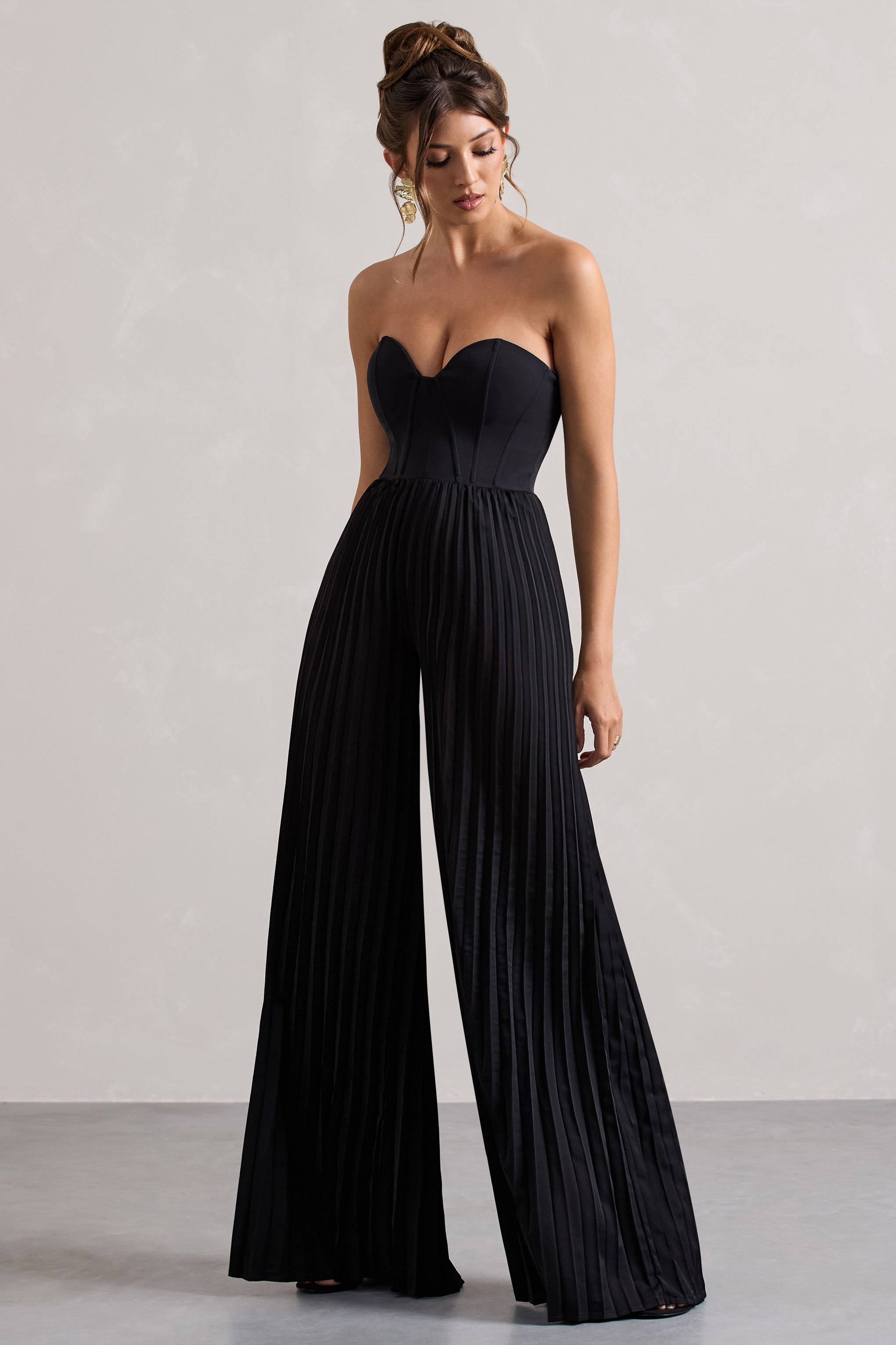 Black Corset Plisse Wide-Leg Jumpsuit