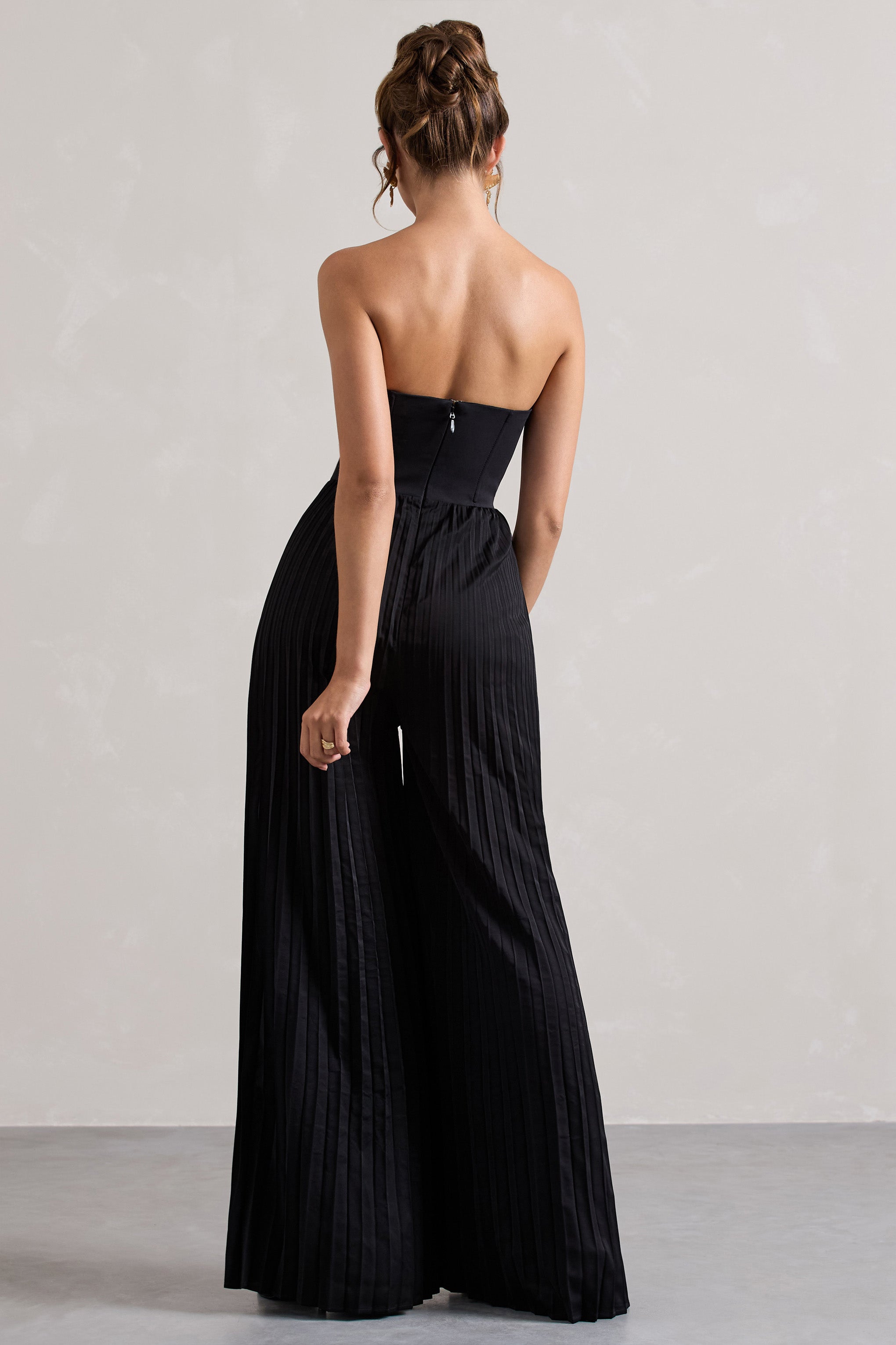 Black Corset Plisse Wide-Leg Jumpsuit
