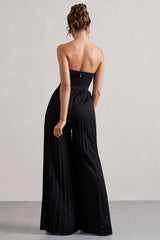 Black Corset Plisse Wide-Leg Jumpsuit