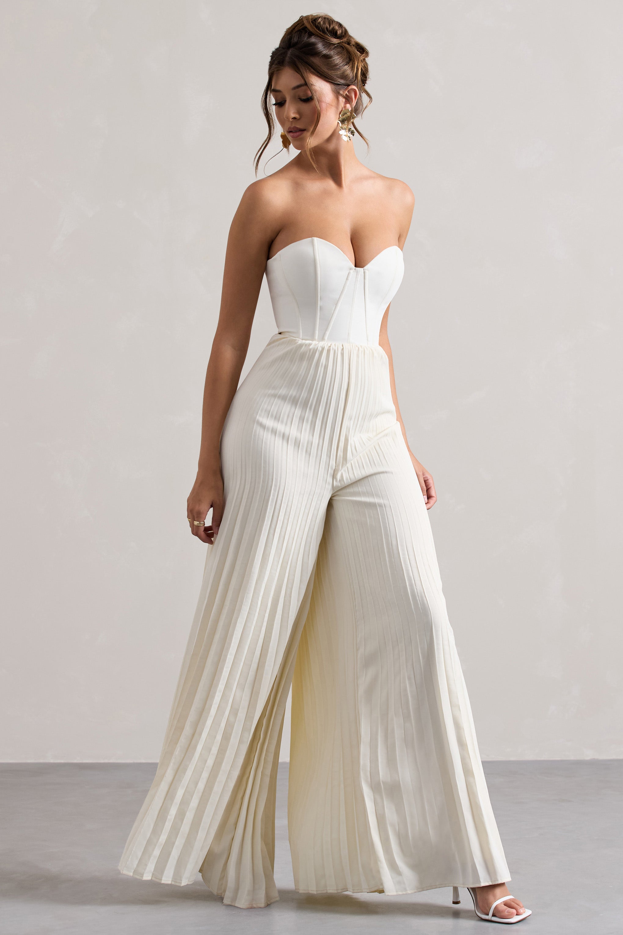 Cream Corset Plisse Wide-Leg Jumpsuit