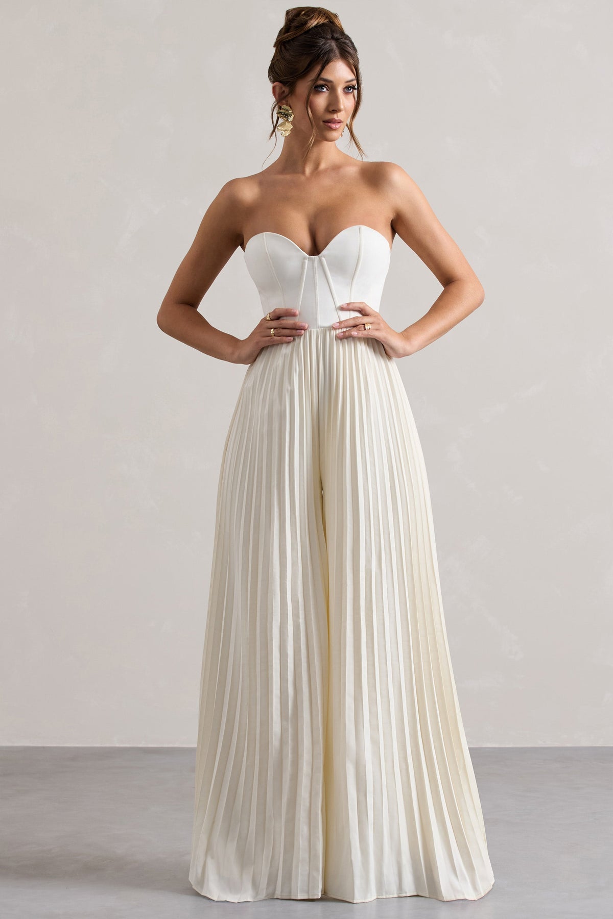 Cream Corset Plisse Wide-Leg Jumpsuit