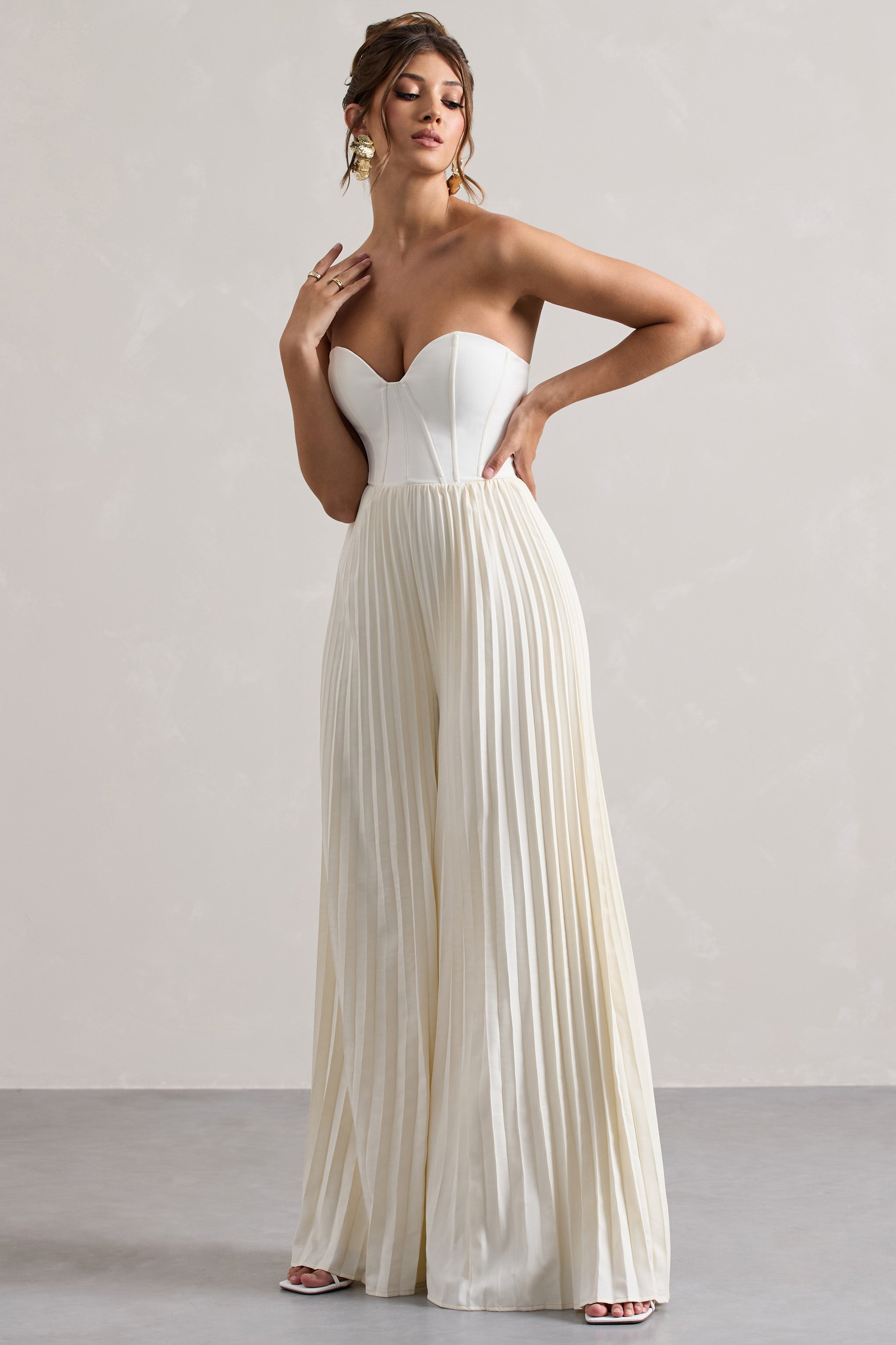 Cream Corset Plisse Wide-Leg Jumpsuit