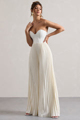 Cream Corset Plisse Wide-Leg Jumpsuit