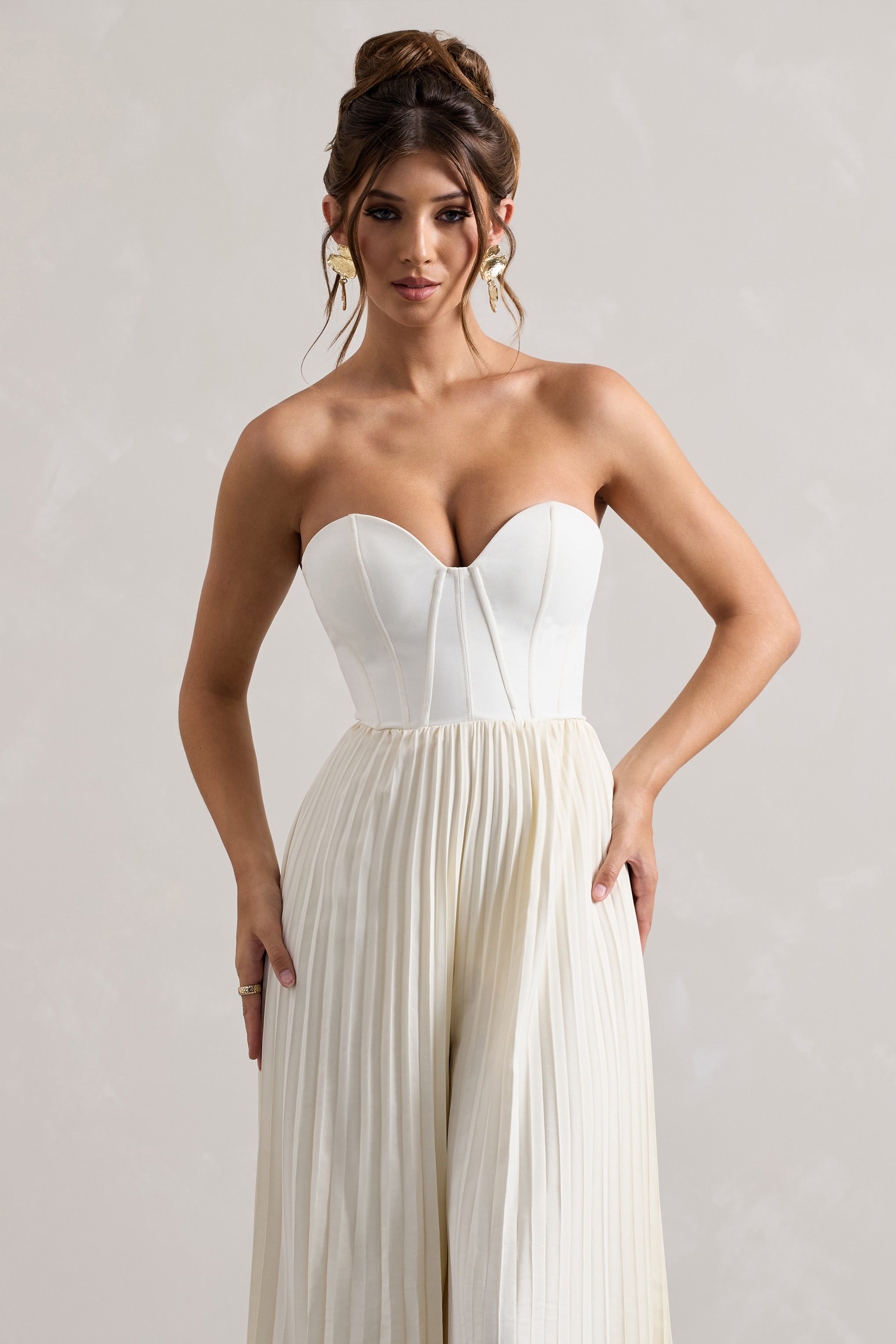 Cream Corset Plisse Wide-Leg Jumpsuit