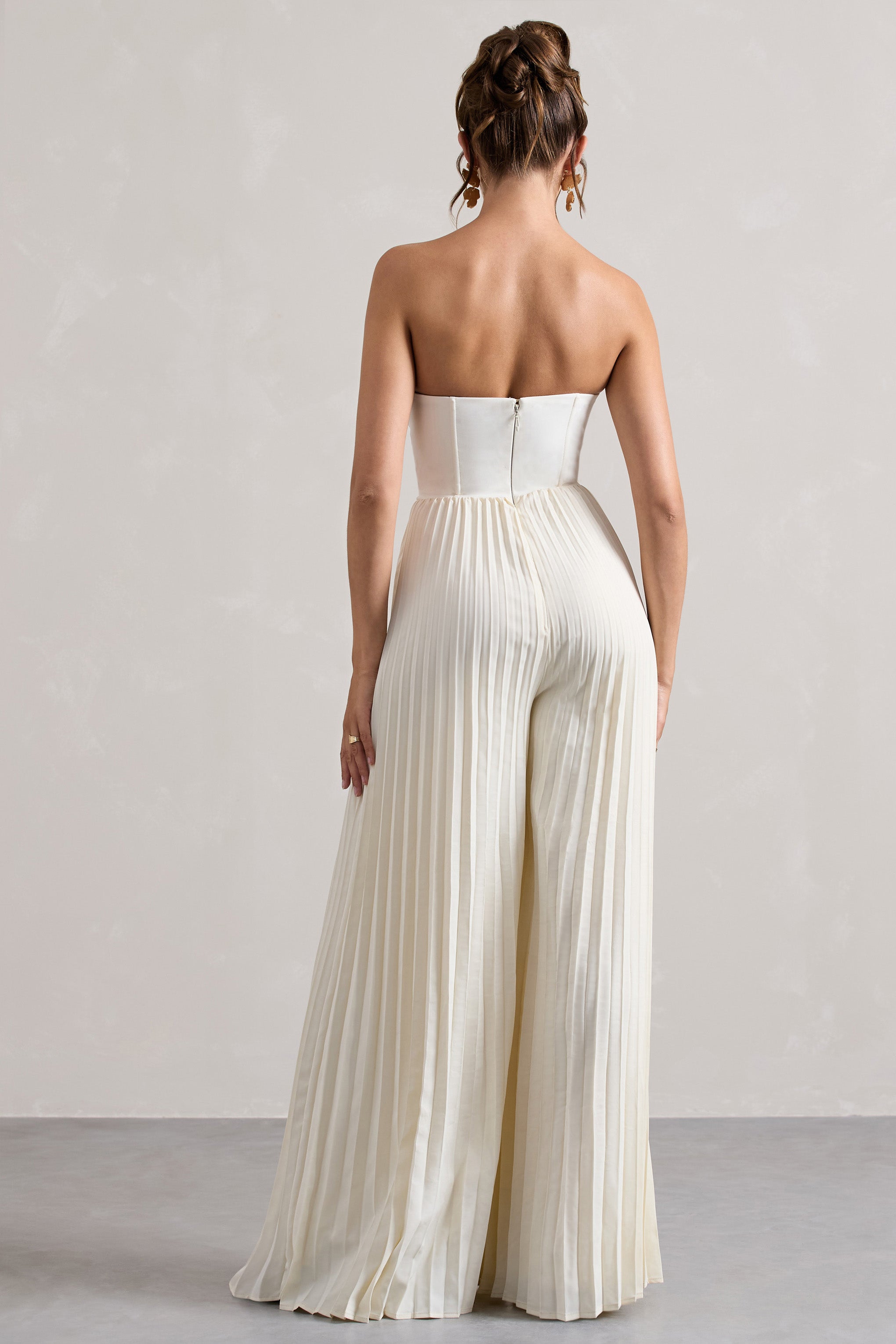 Cream Corset Plisse Wide-Leg Jumpsuit