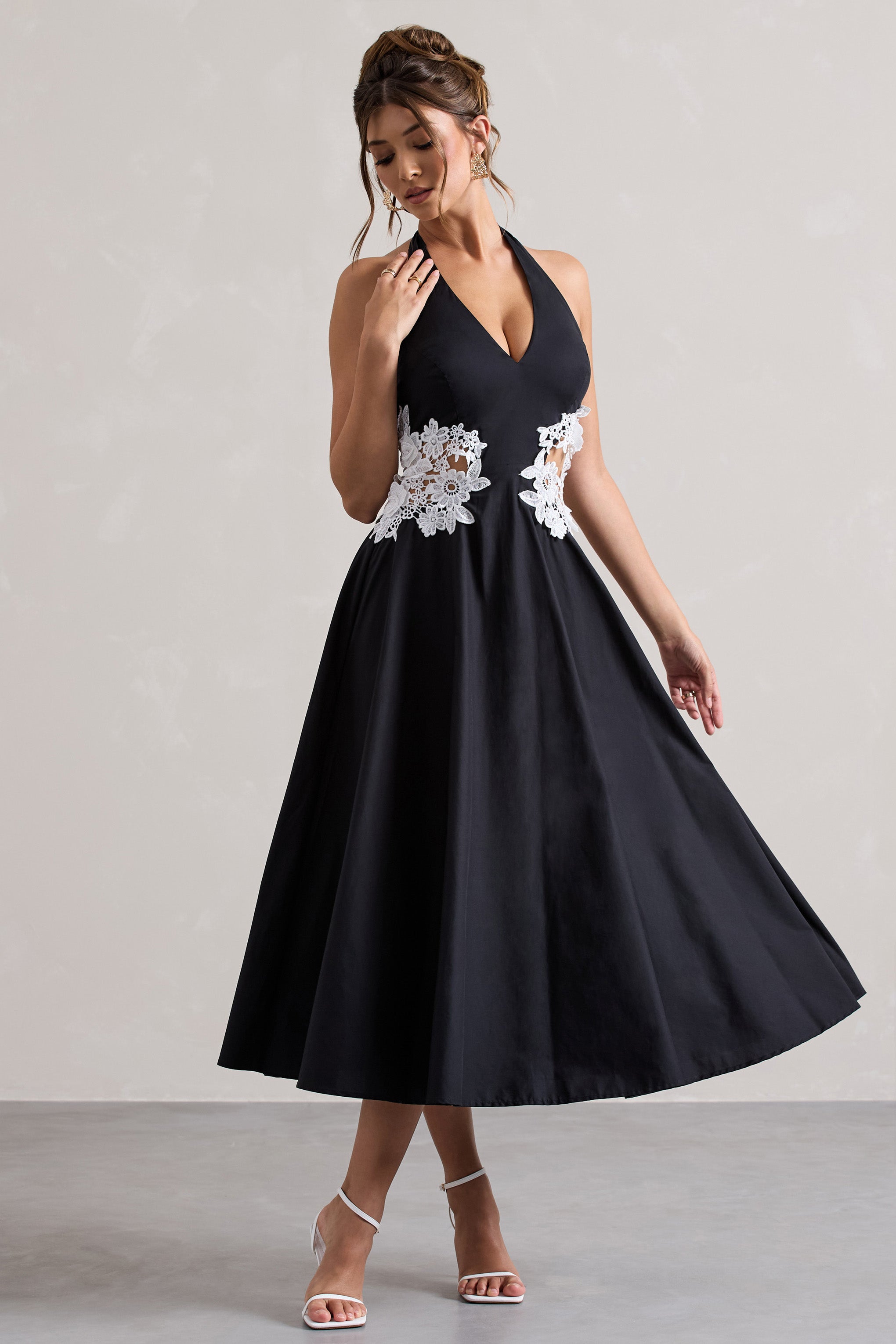 Black Plunge Midi Dress With Floral Cut-Out