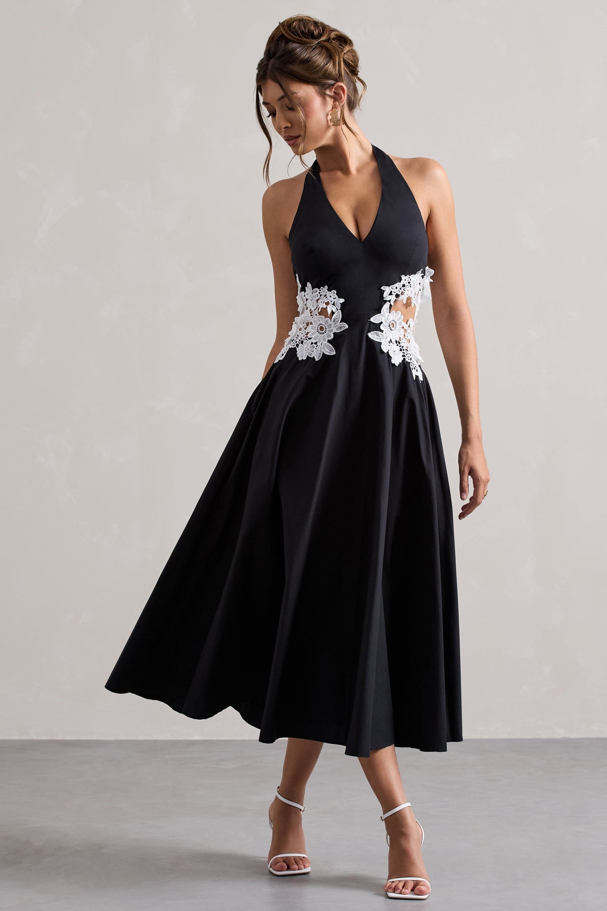 Black Plunge Midi Dress With Floral Cut-Out