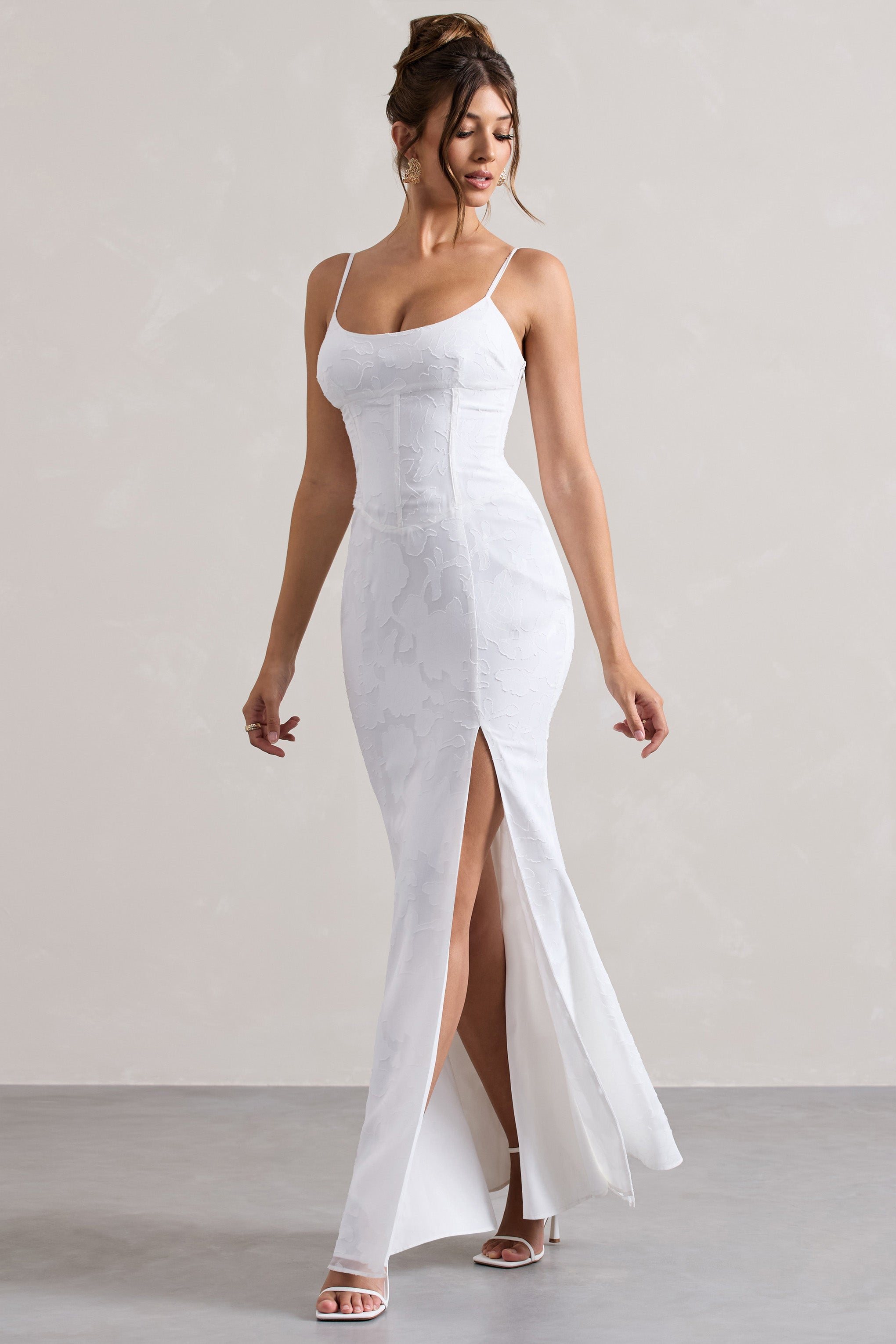 White Lace Corset Split Maxi Dress