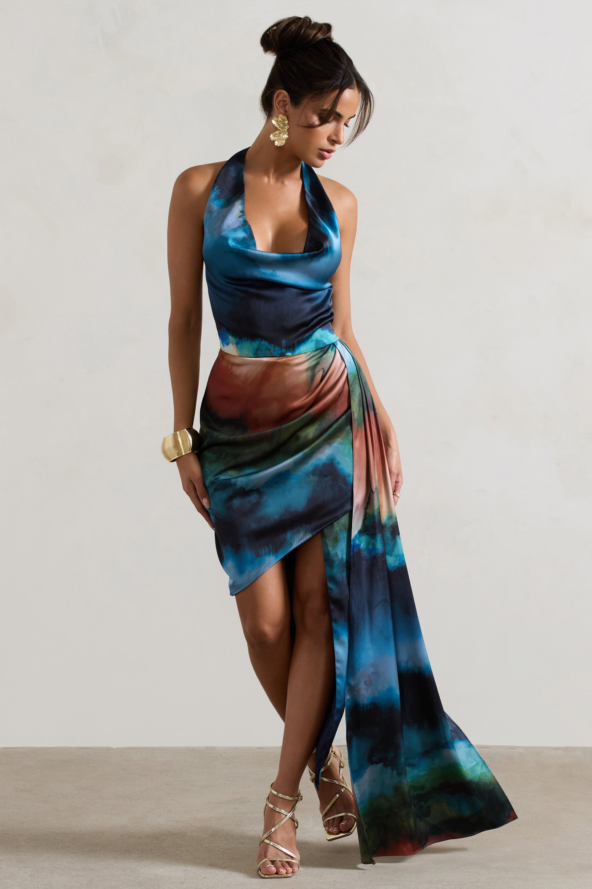 Blue Blur Print Satin Cowl-Neck Draped Midi Dress