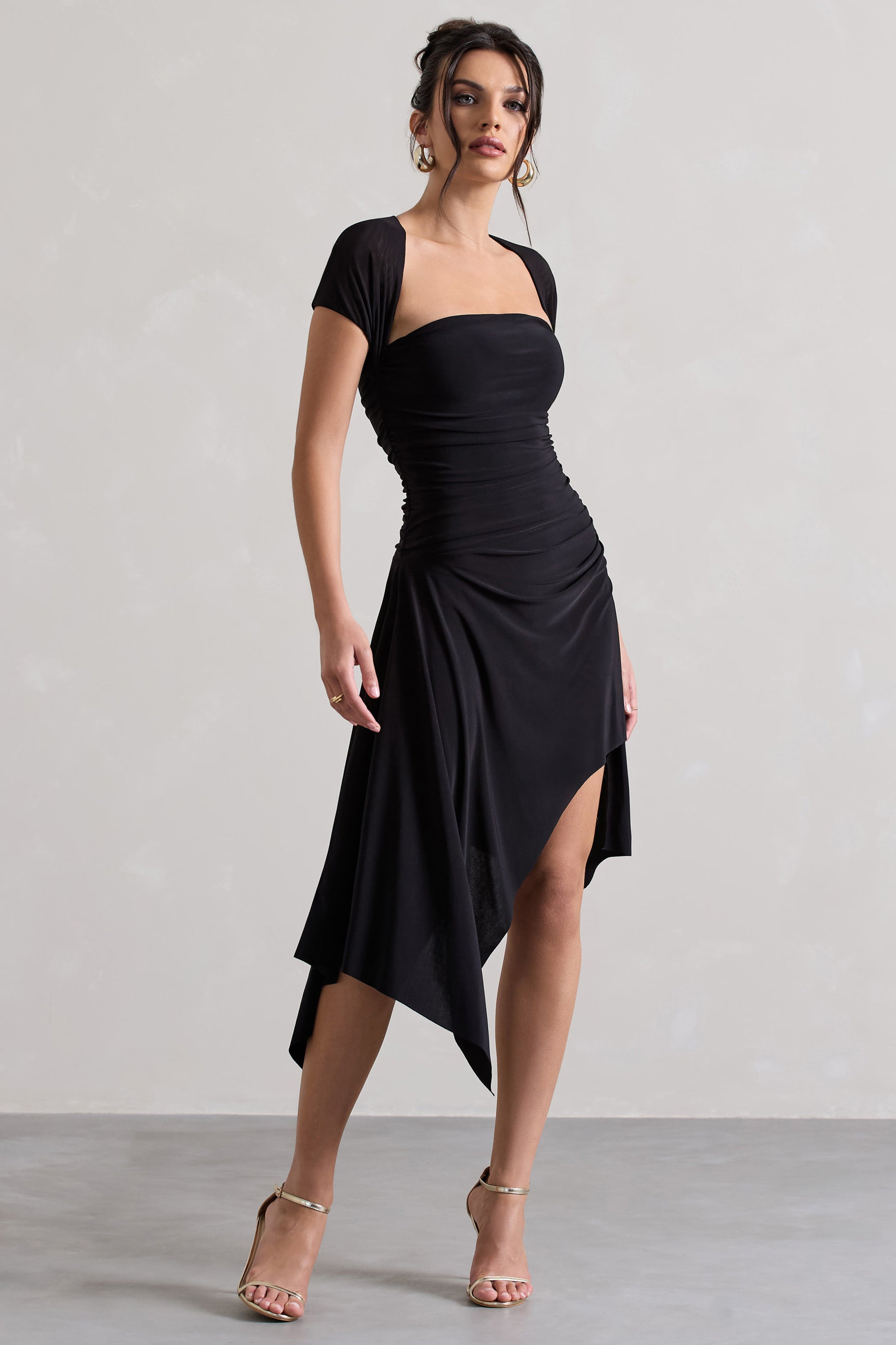 Black Gathered Mesh Long-Sleeve Draped Mini Dress