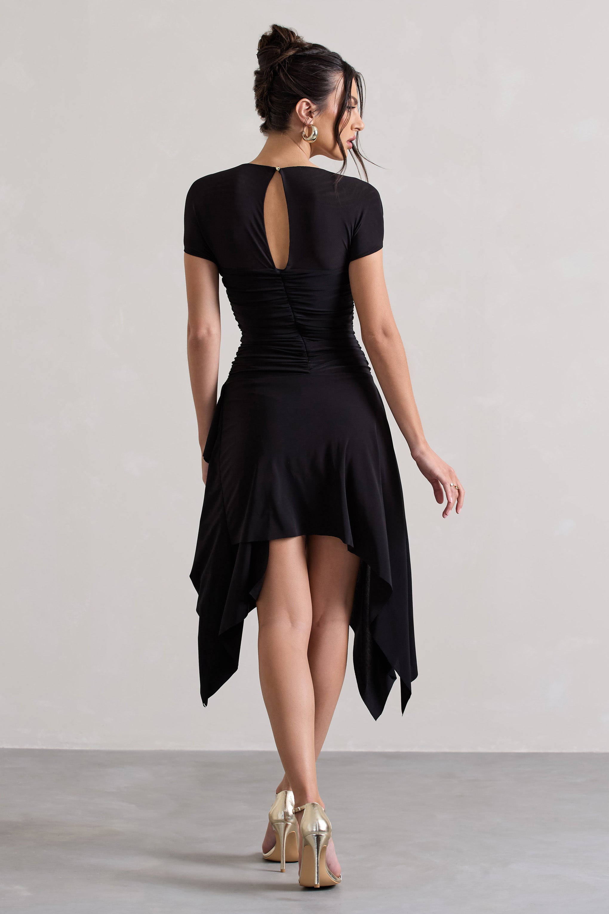 Black Gathered Mesh Long-Sleeve Draped Mini Dress