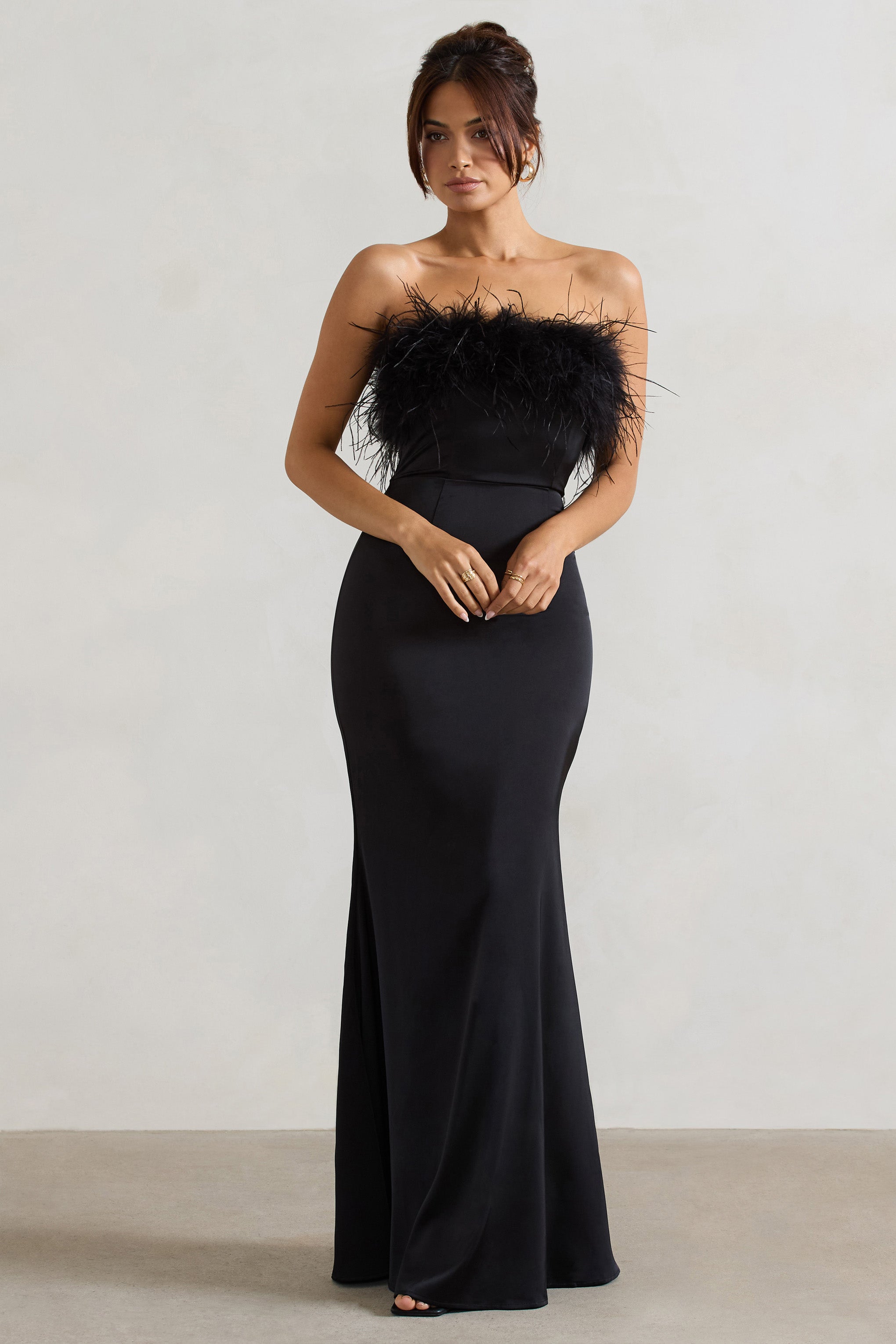 Black Satin Feather Trim Bandeau Maxi Dress