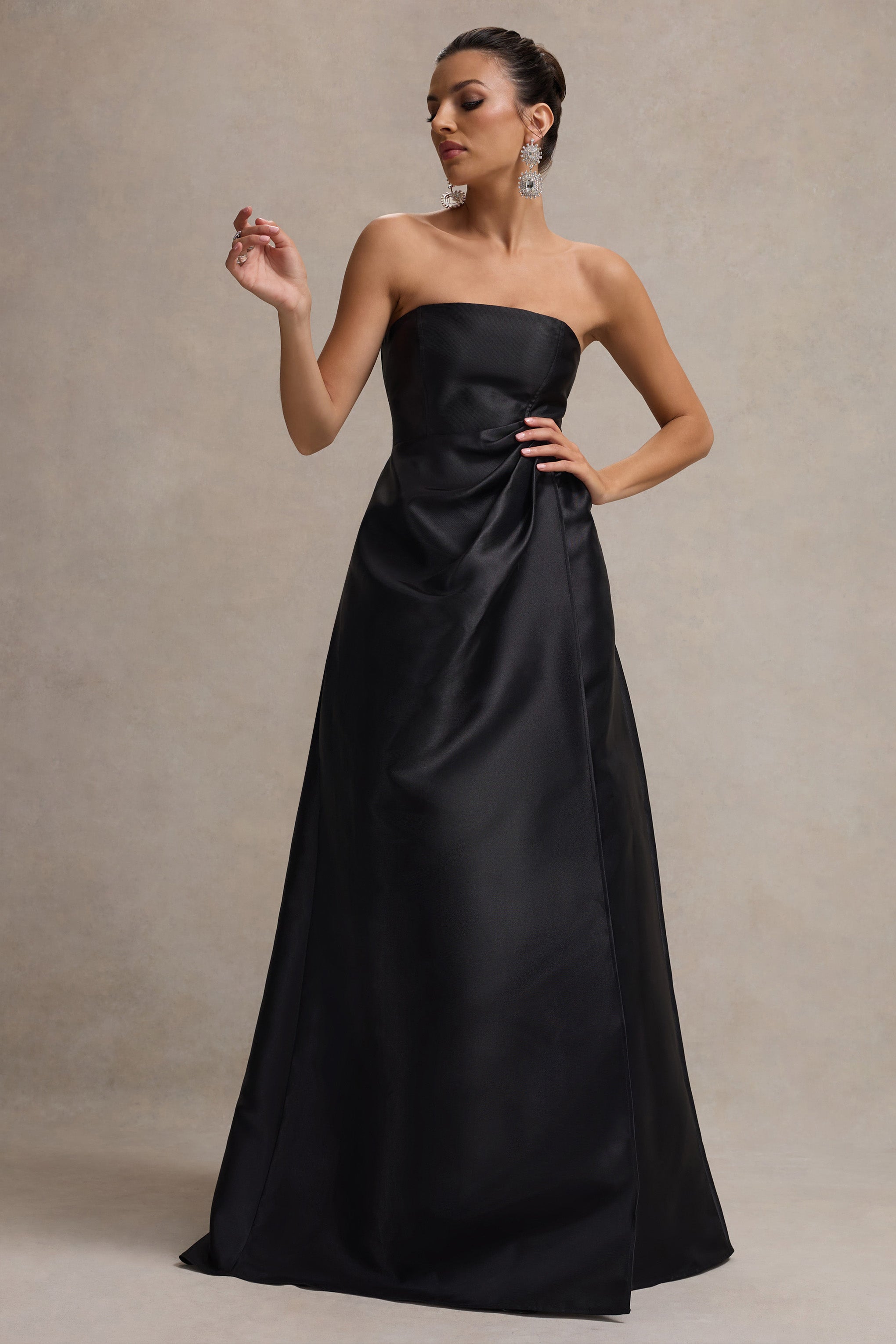 Black Bandeau Puff-Skirt Split Maxi Dress