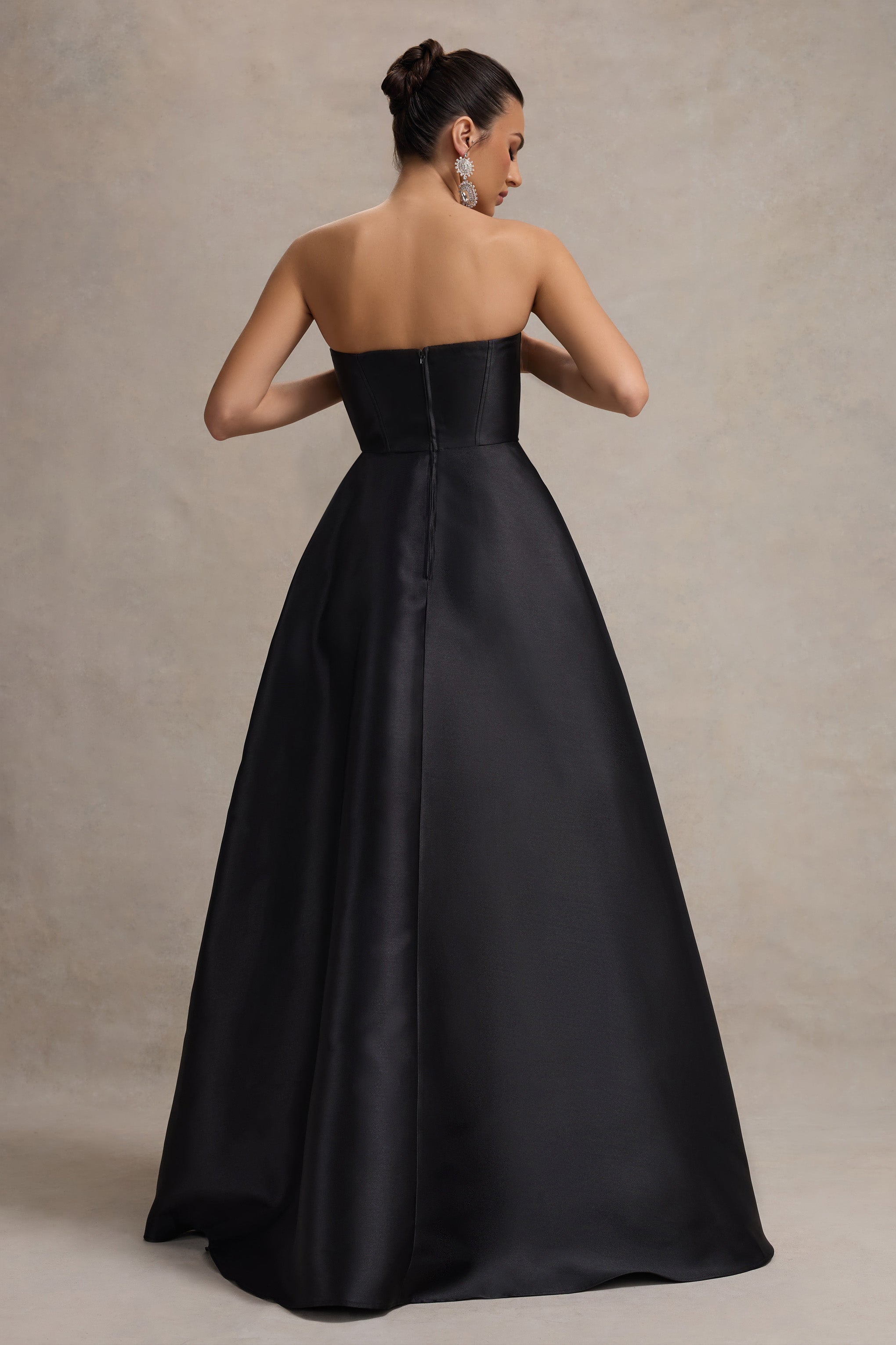 Black Bandeau Puff-Skirt Split Maxi Dress