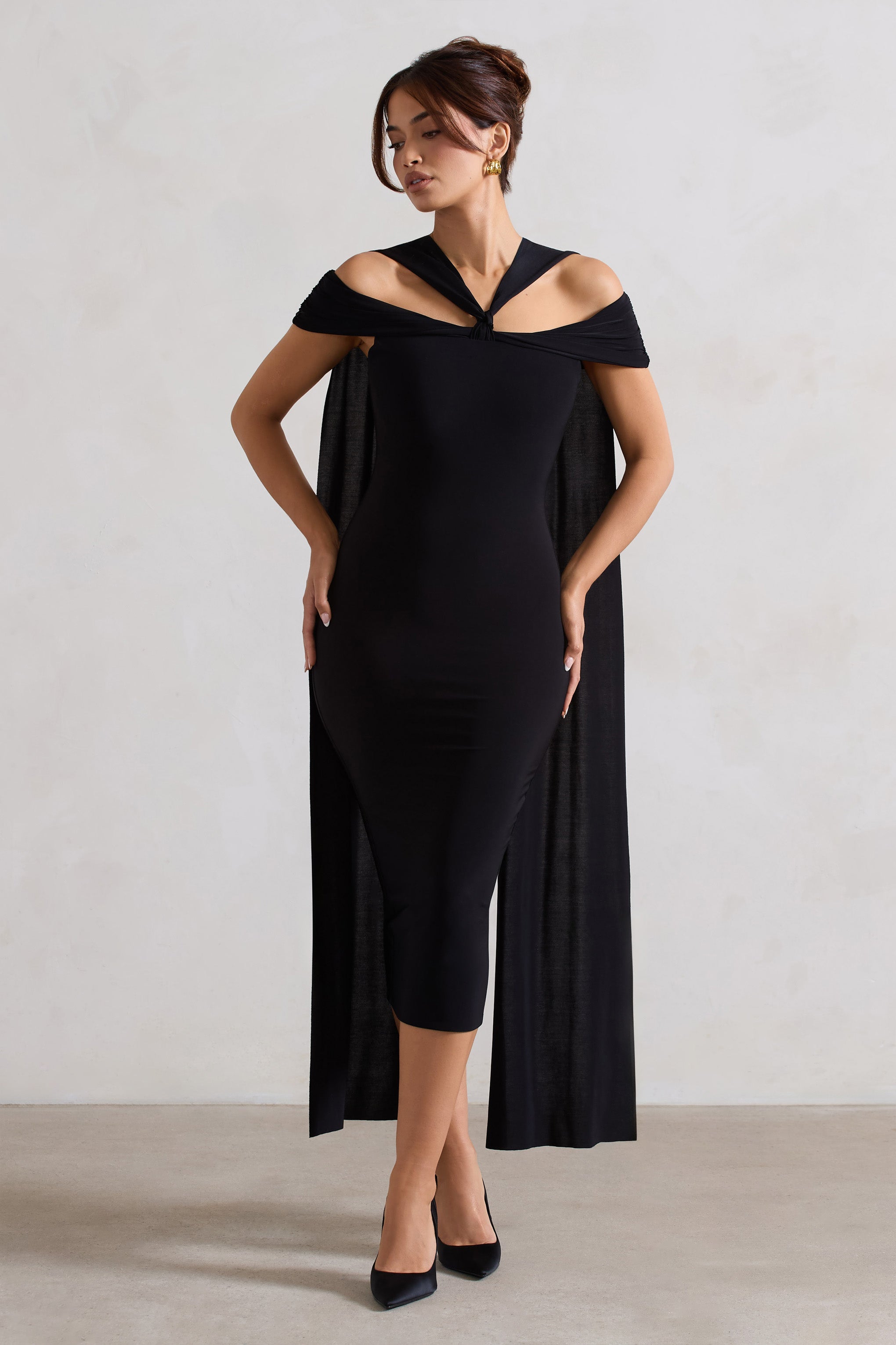 Black Strappy Midi Dress With Drape