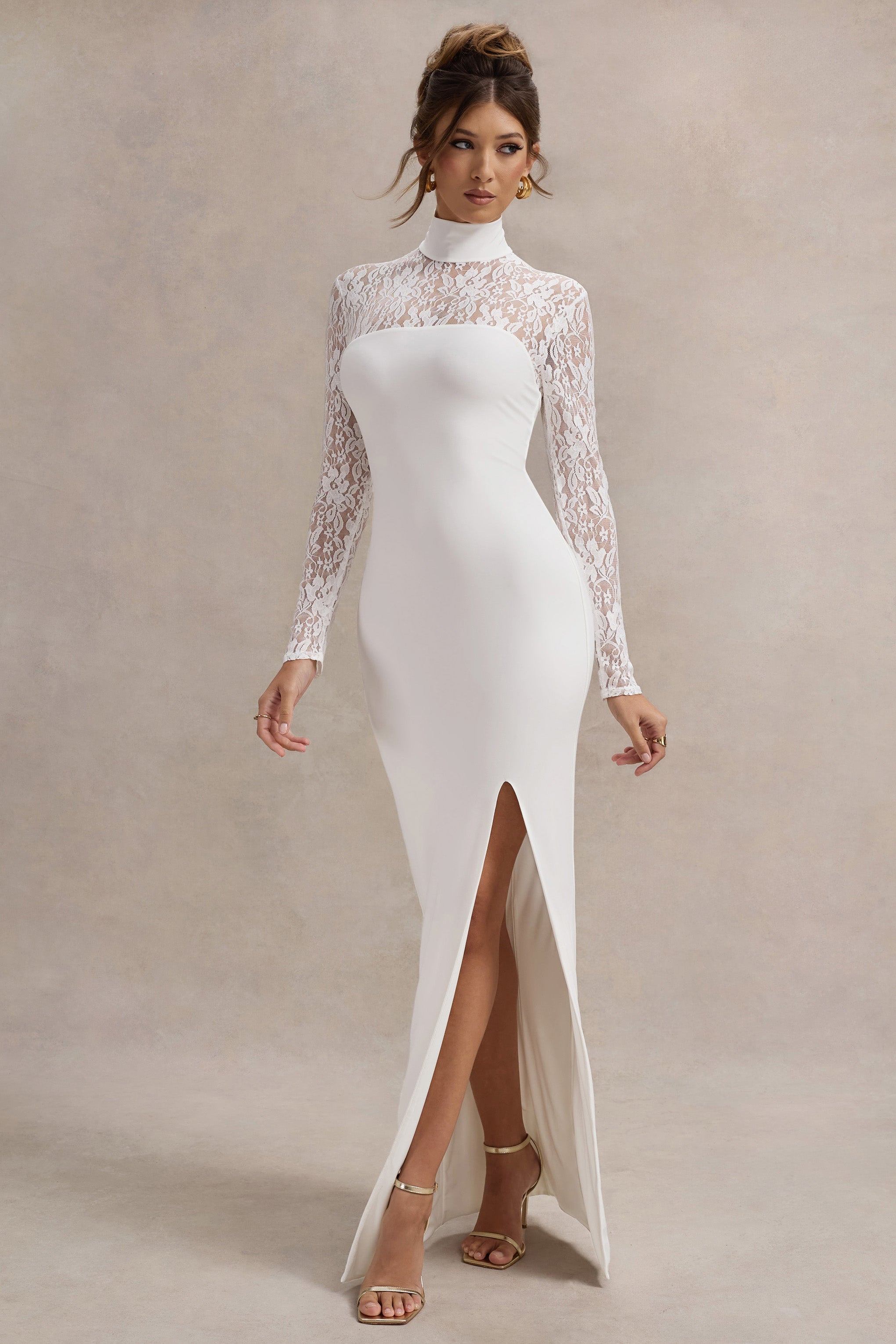 White High-Neck Split Maxi Dress With Lace Sleeves
