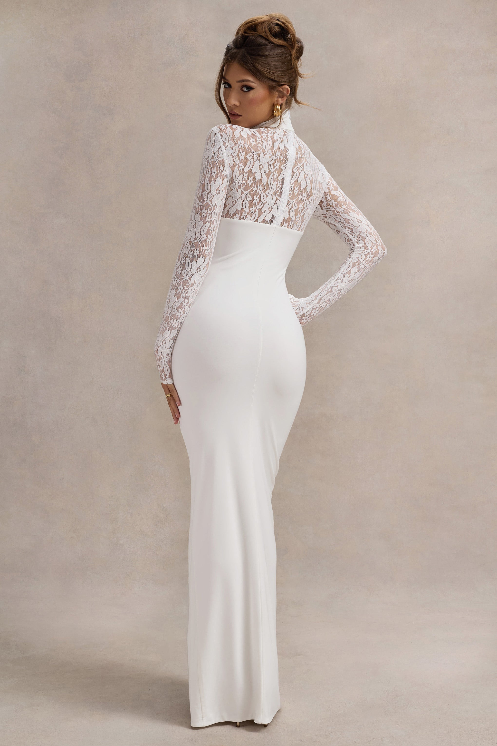 White High-Neck Split Maxi Dress With Lace Sleeves