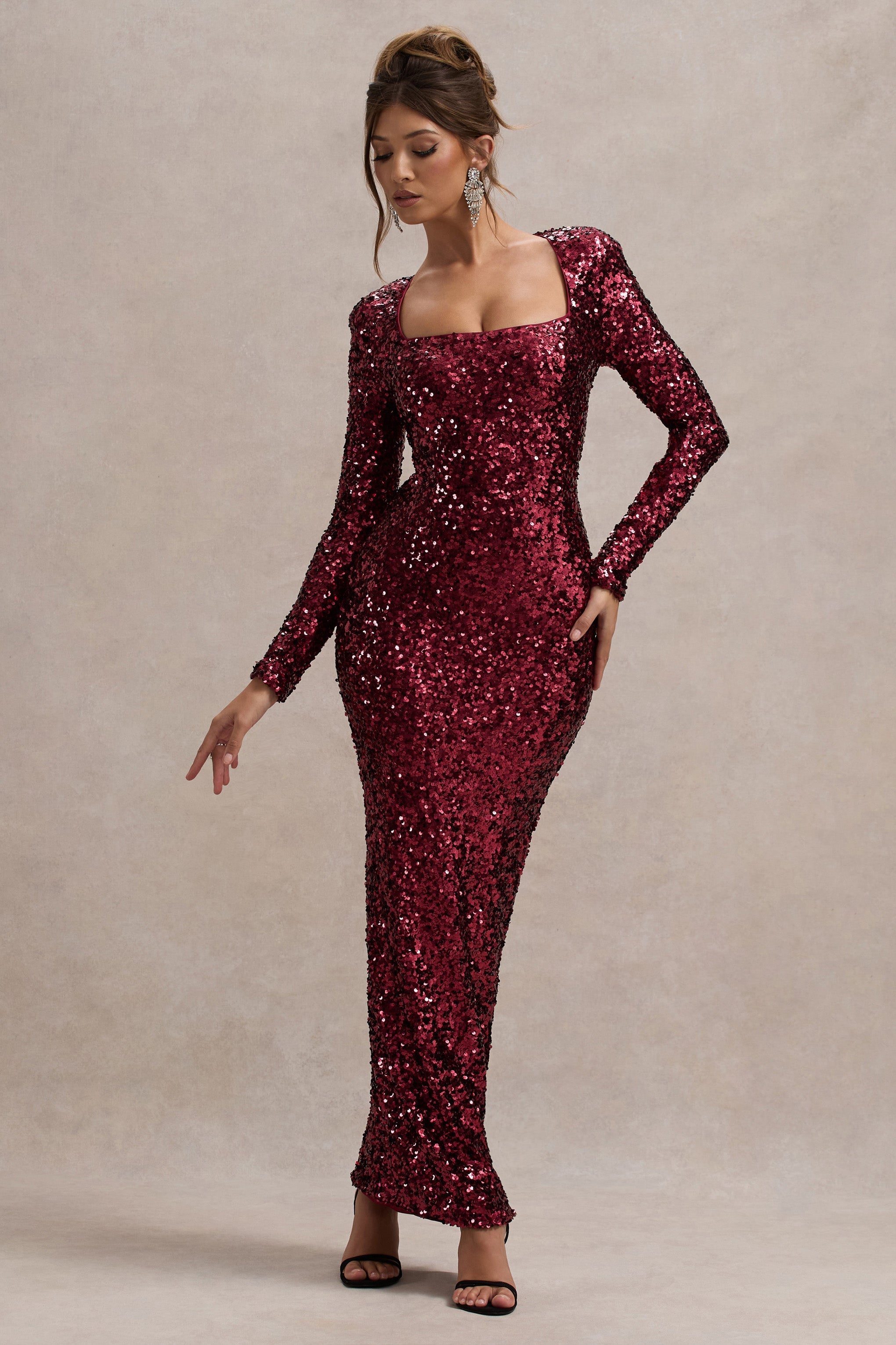 Port Sequin Square-Neck Long-Sleeve Maxi Dress