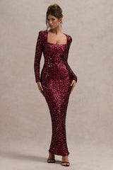 Port Sequin Square-Neck Long-Sleeve Maxi Dress