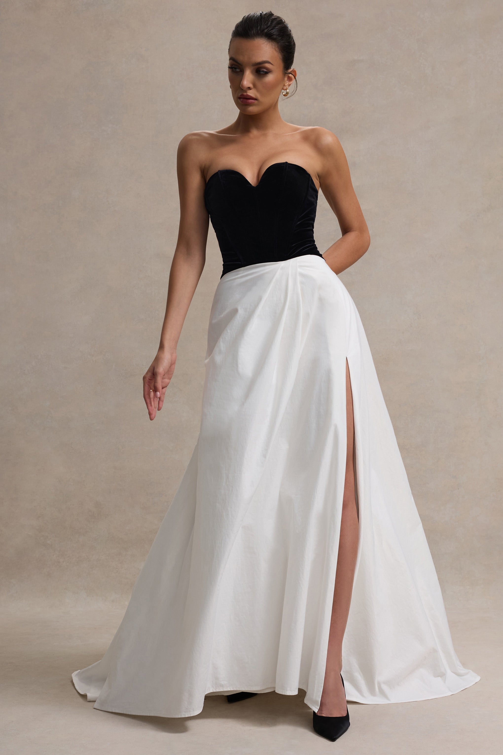 Black & Cream Sweetheart Corset Split Maxi Dress