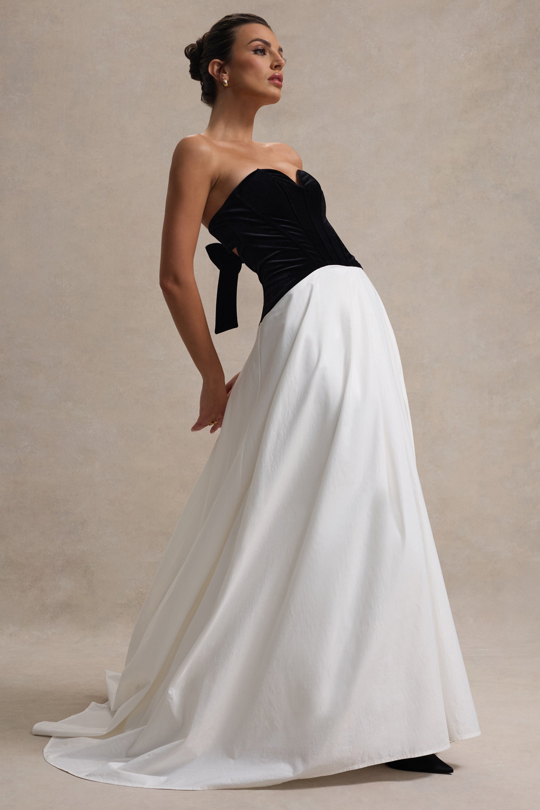 Black & Cream Sweetheart Corset Split Maxi Dress