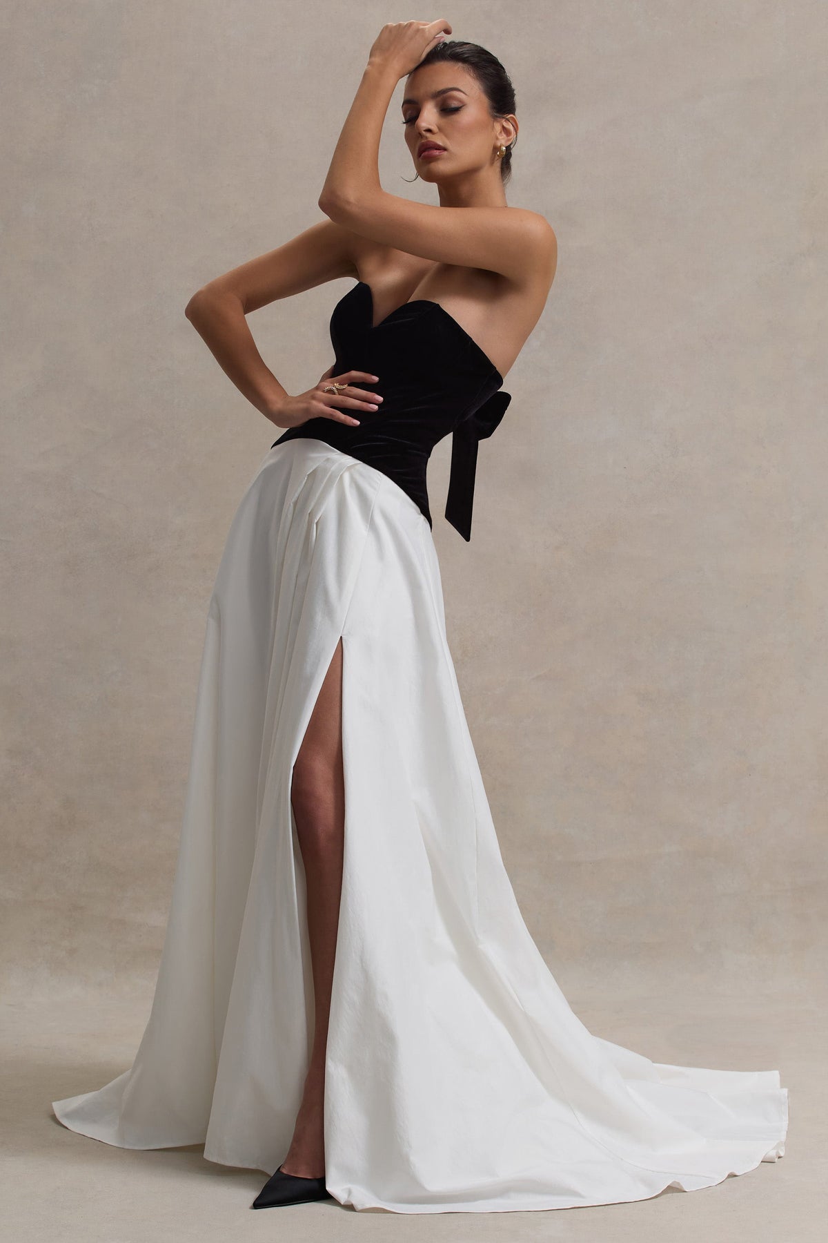 Black & Cream Sweetheart Corset Split Maxi Dress
