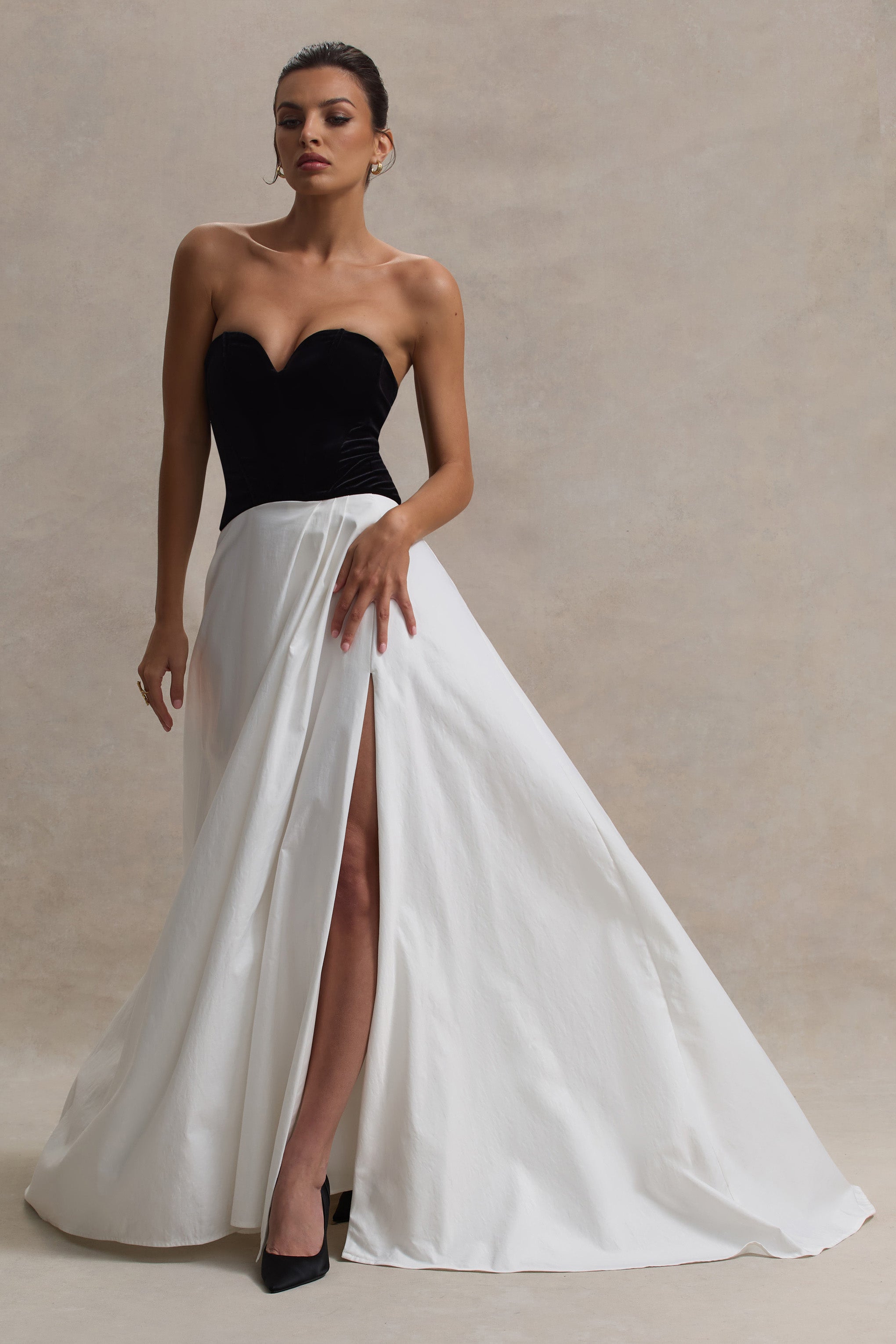 Black & Cream Sweetheart Corset Split Maxi Dress