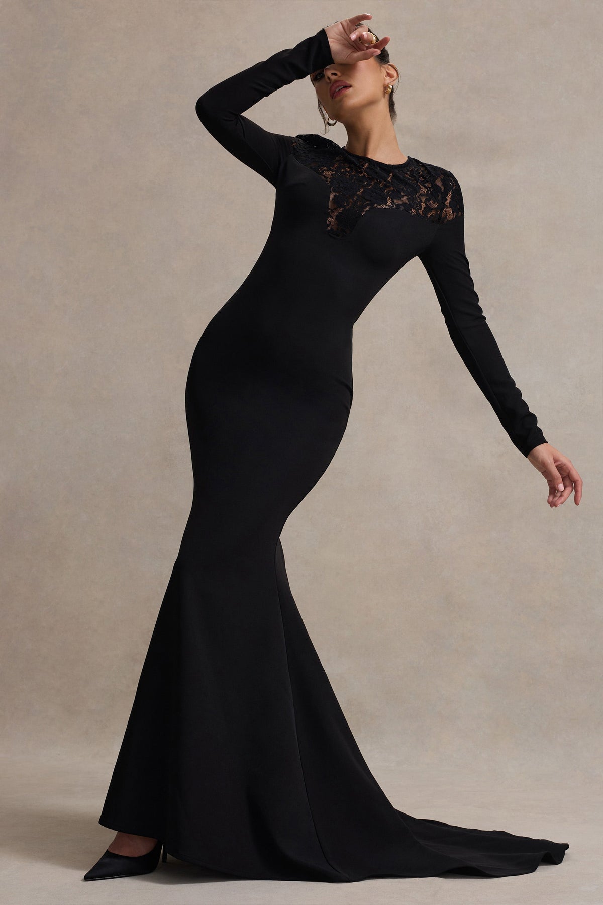 Black Long-Sleeve Maxi Dress With Lace Detail