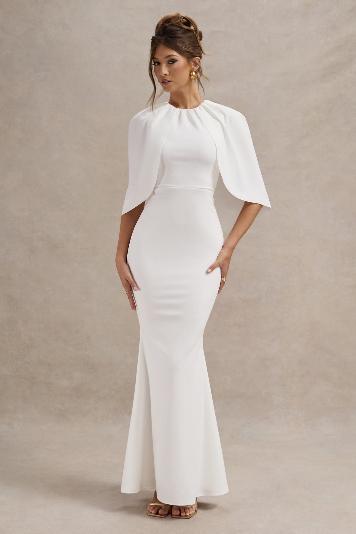 White Draped Short-Sleeve Maxi Dress