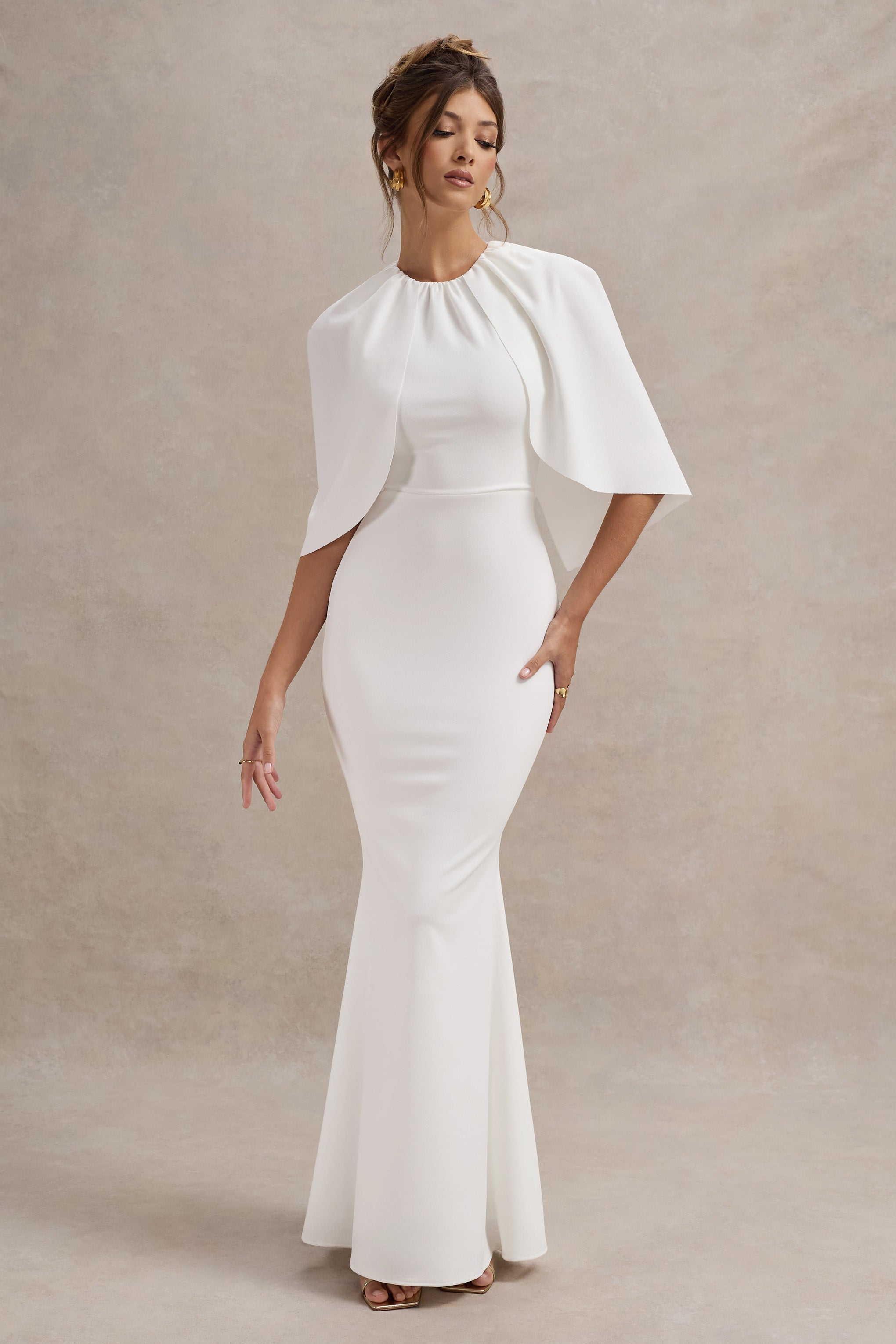 White Draped Short-Sleeve Maxi Dress
