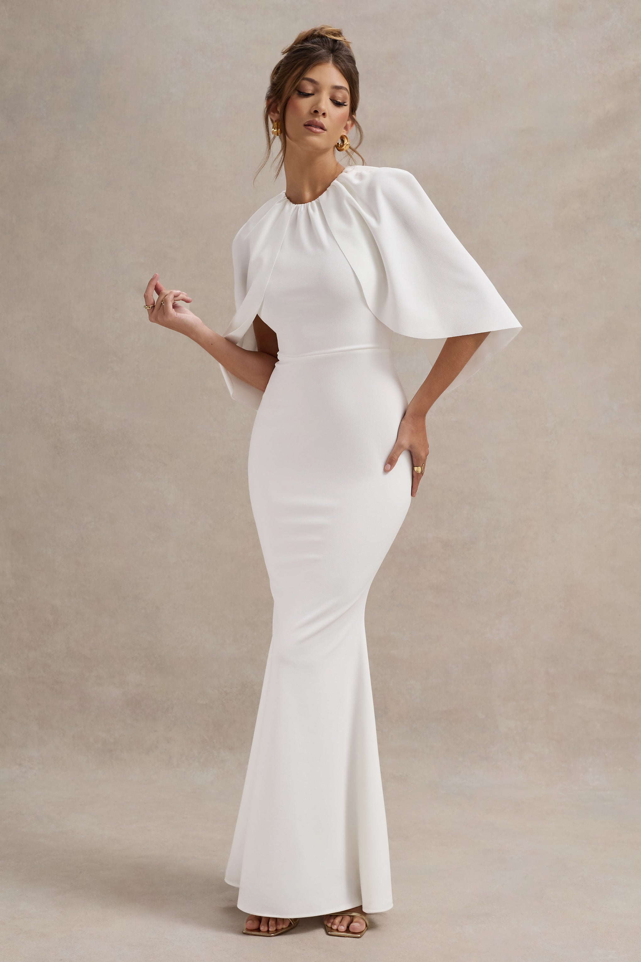 White Draped Short-Sleeve Maxi Dress