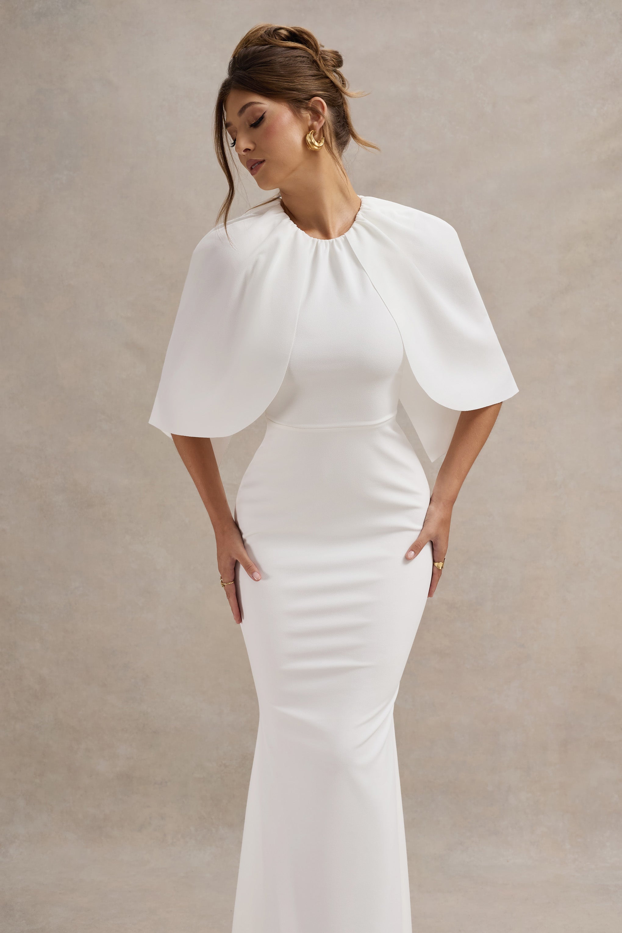 White Draped Short-Sleeve Maxi Dress