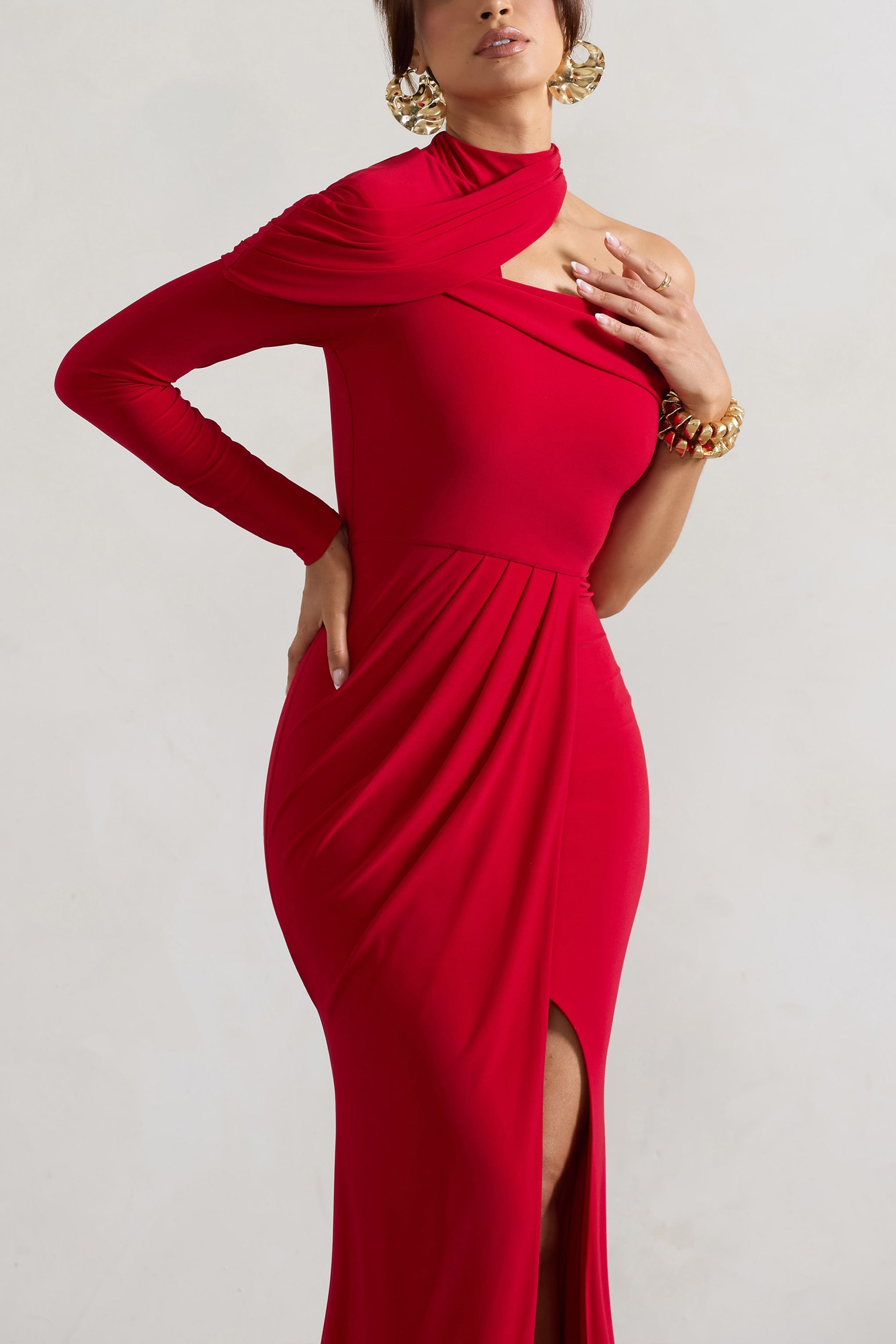 Red Asymmetric High-Neck Split Maxi Dress