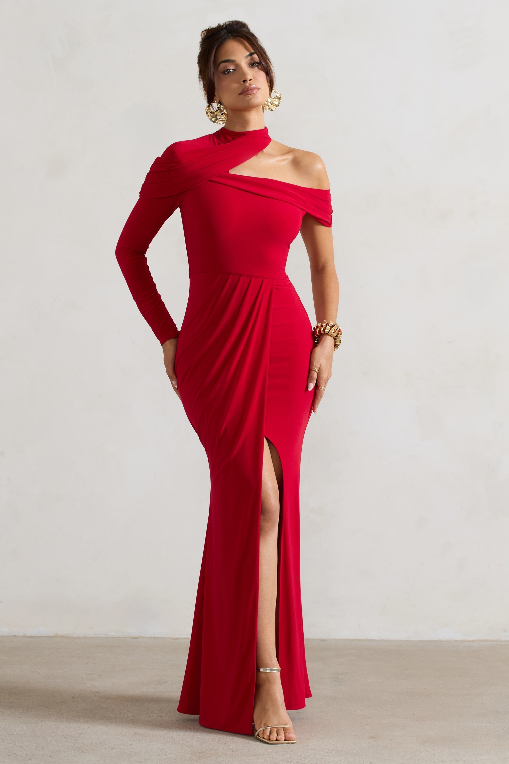 Red Asymmetric High-Neck Split Maxi Dress