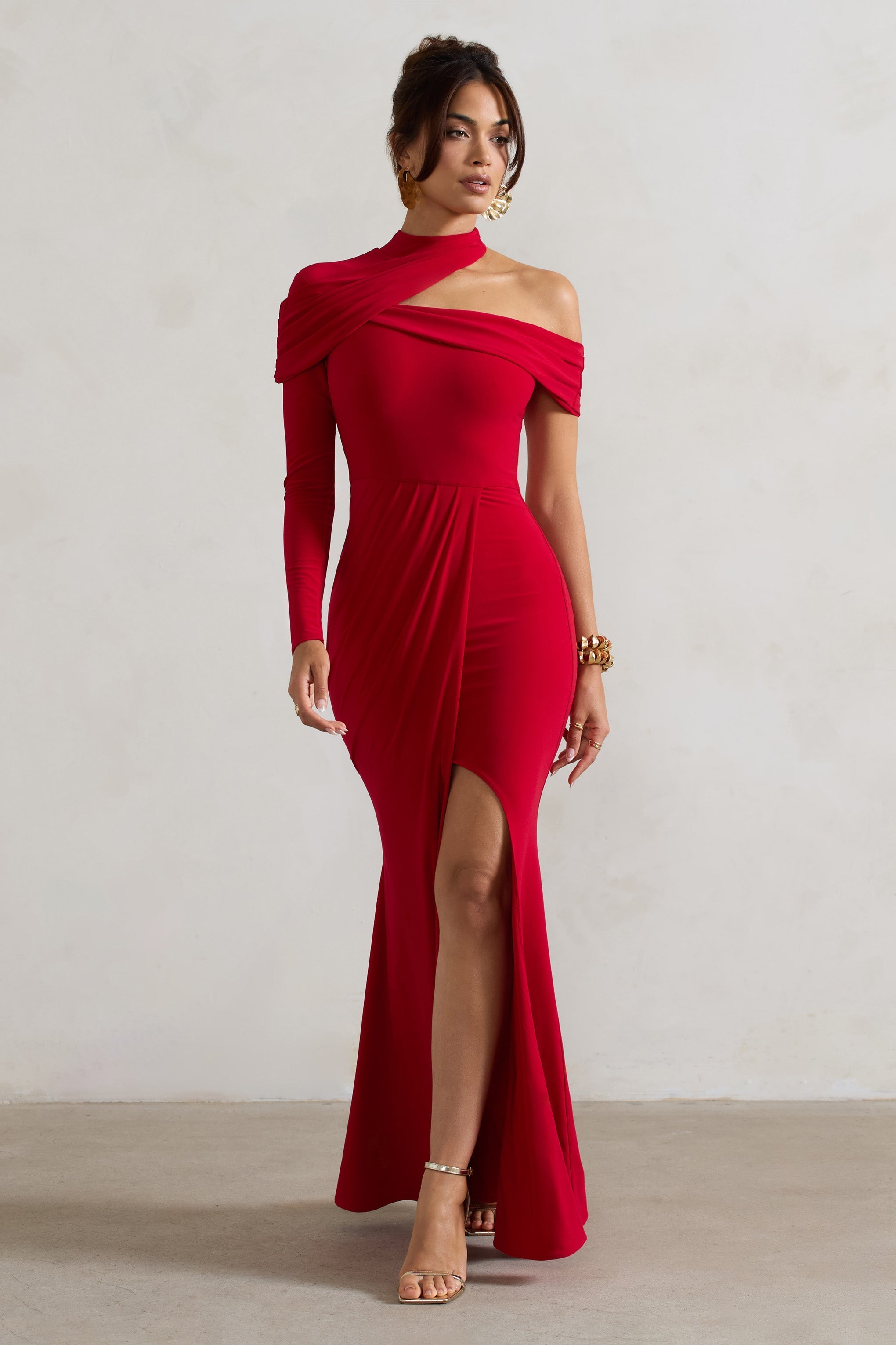 Red Asymmetric High-Neck Split Maxi Dress