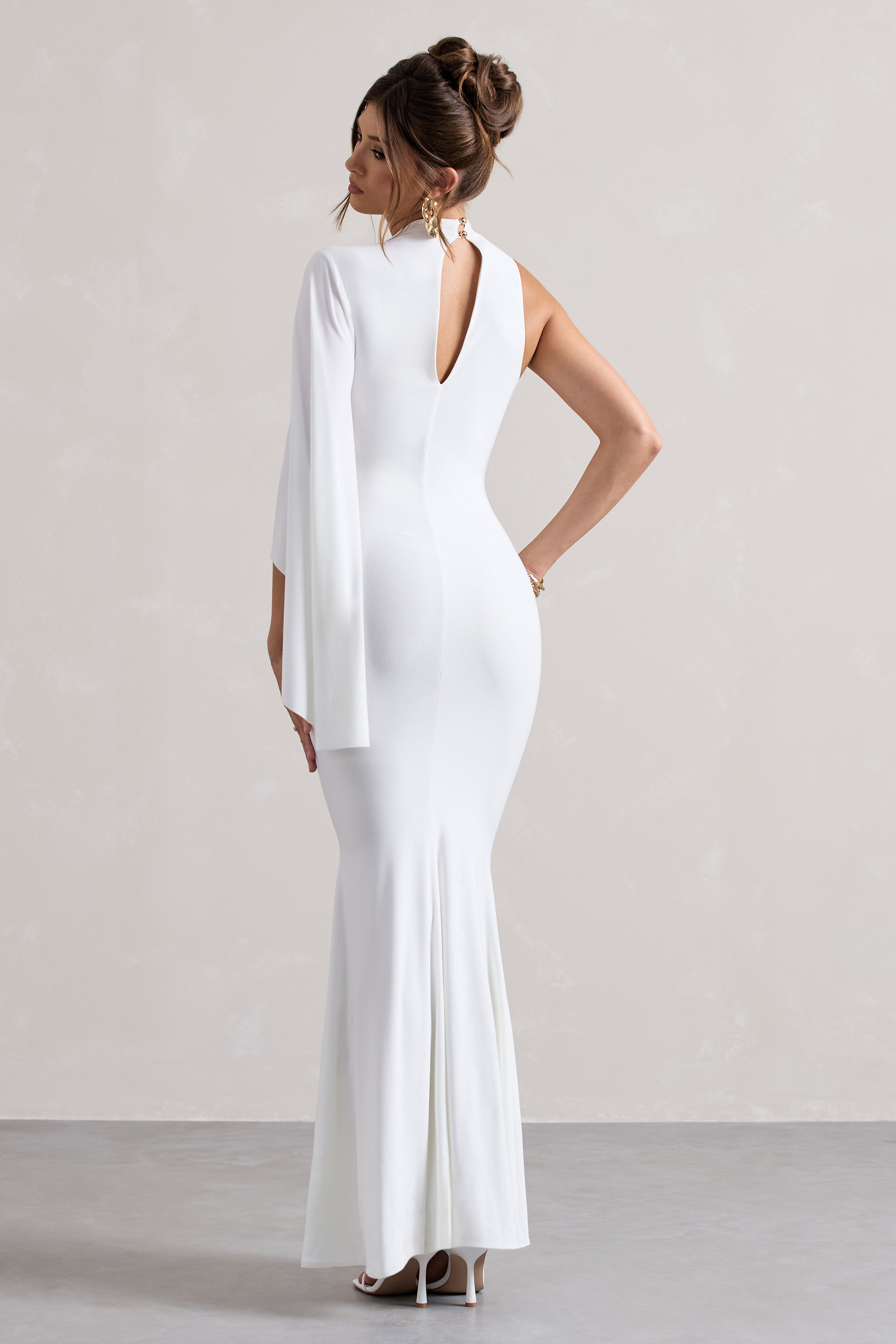 White High-Neck Cape-Sleeve Maxi Dress