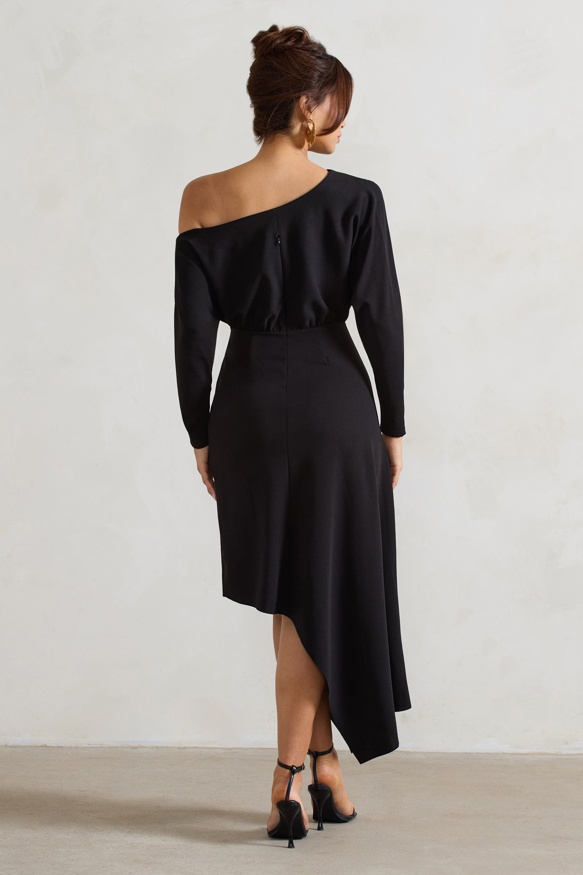 Black Asymmetric Long-Sleeve Maxi Dress