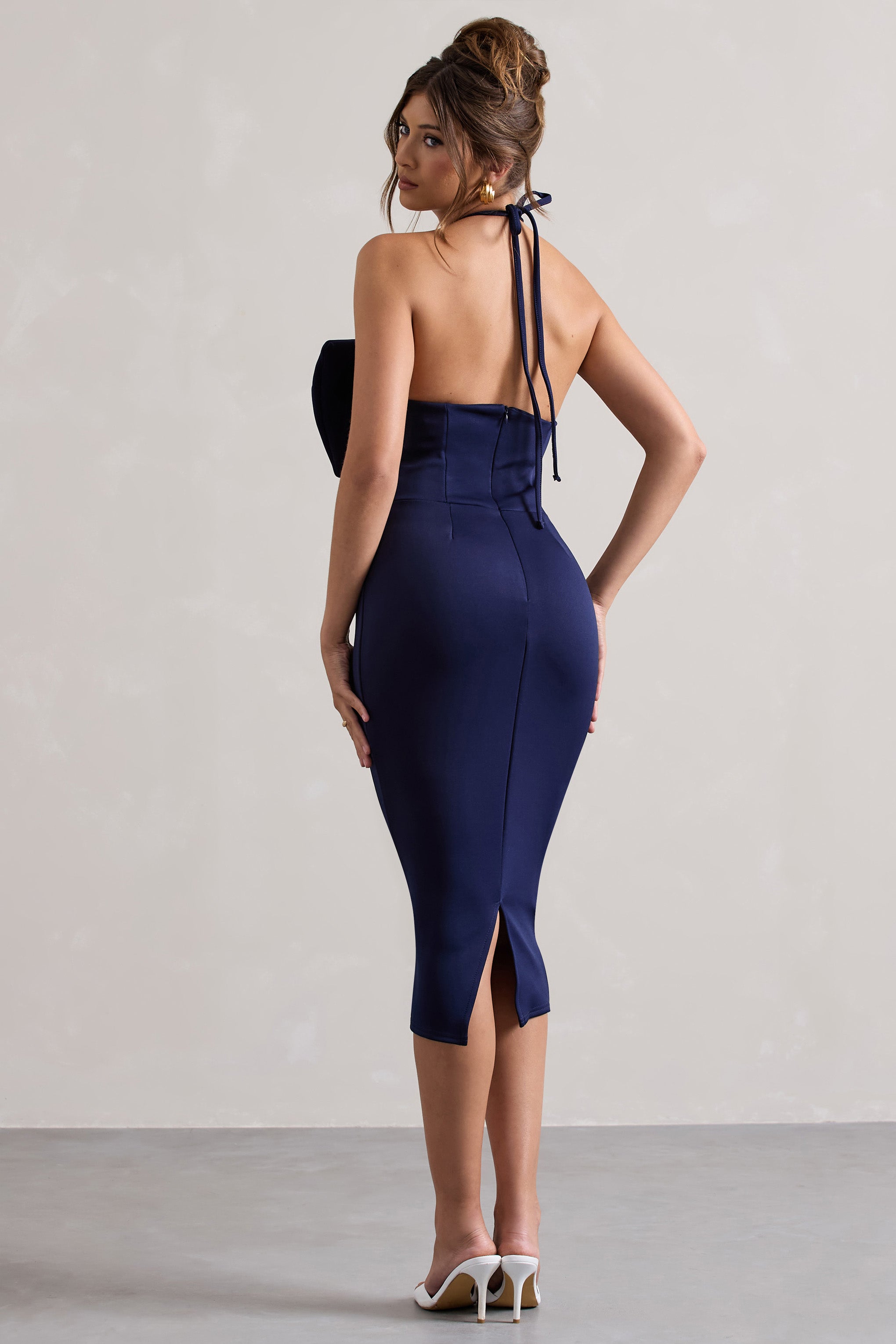 Navy Halter-Neck Midi Dress With Bow
