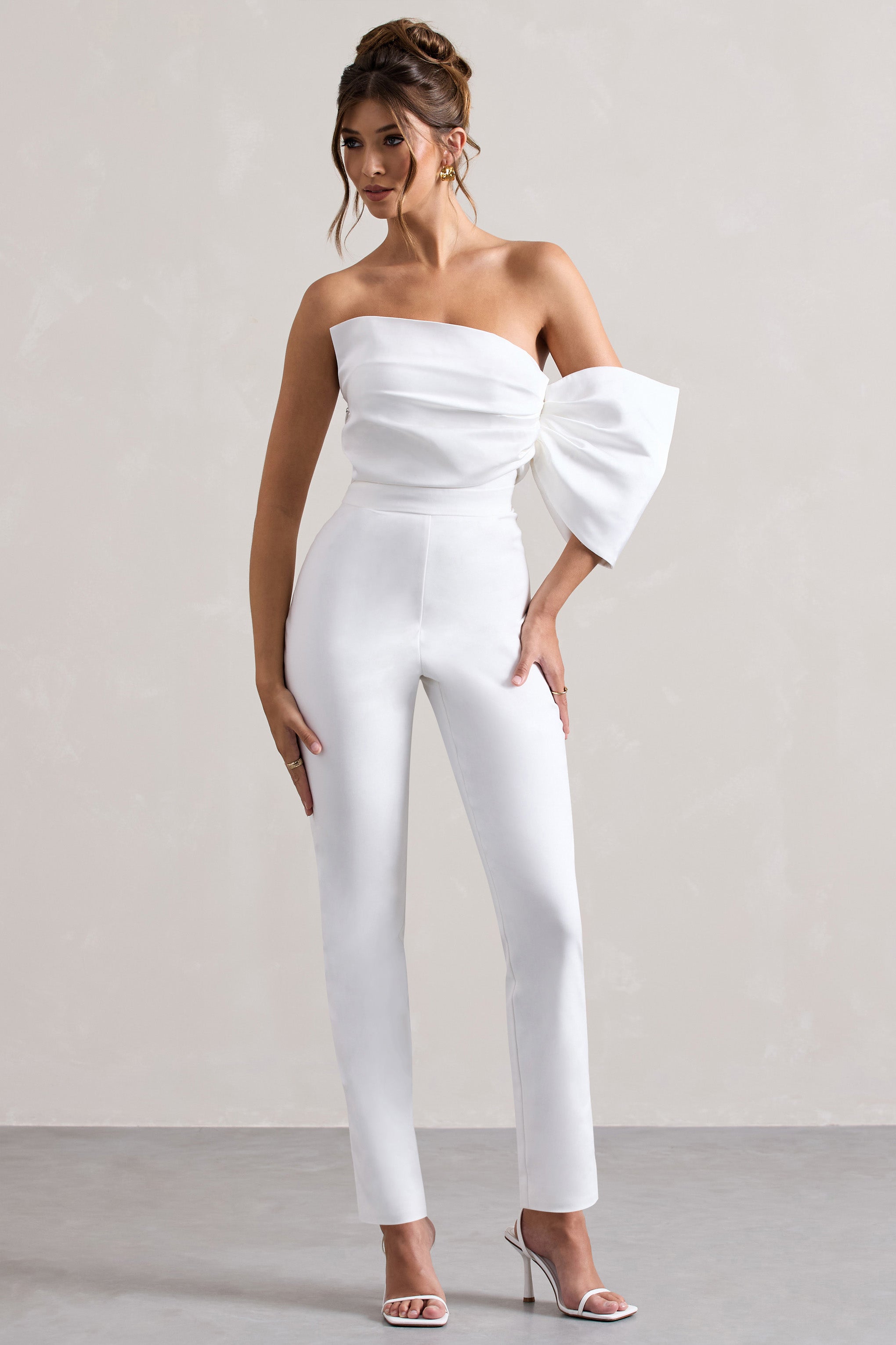 White Satin Strapless One-Sleeve Straight-Leg Jumpsuit
