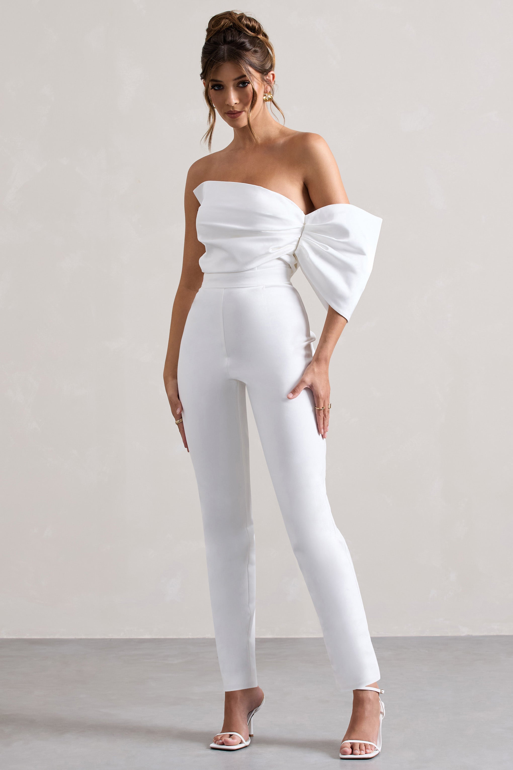 White Satin Strapless One-Sleeve Straight-Leg Jumpsuit