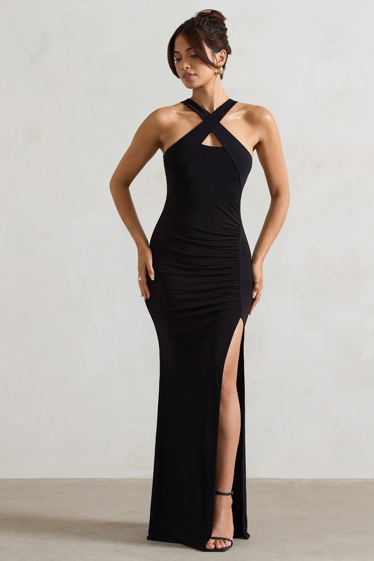 Black Cross Over Halter-Neck Split Maxi Dress