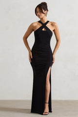 Black Cross Over Halter-Neck Split Maxi Dress