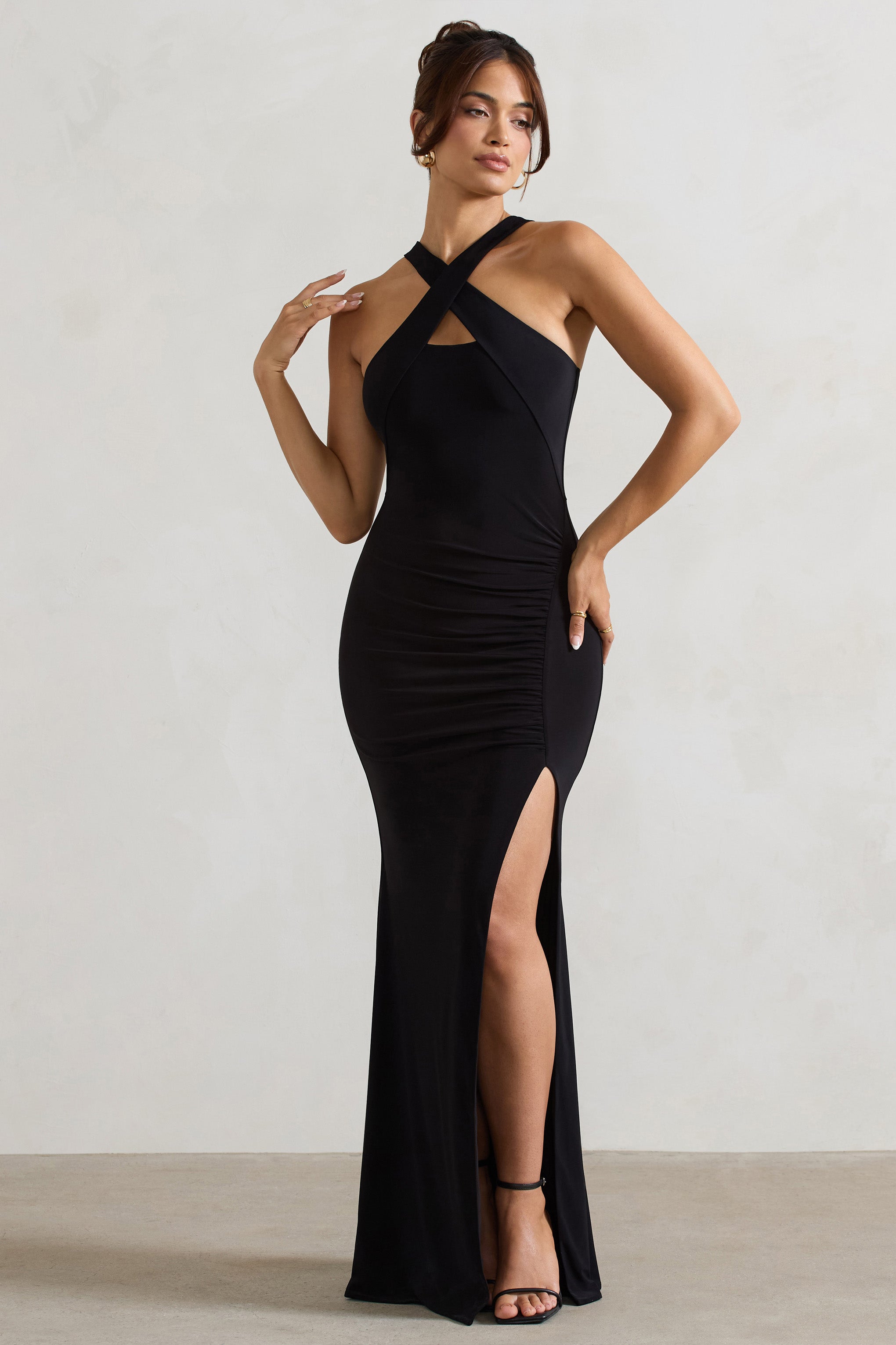 Black Cross Over Halter-Neck Split Maxi Dress