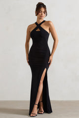 Black Cross Over Halter-Neck Split Maxi Dress