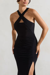 Black Cross Over Halter-Neck Split Maxi Dress