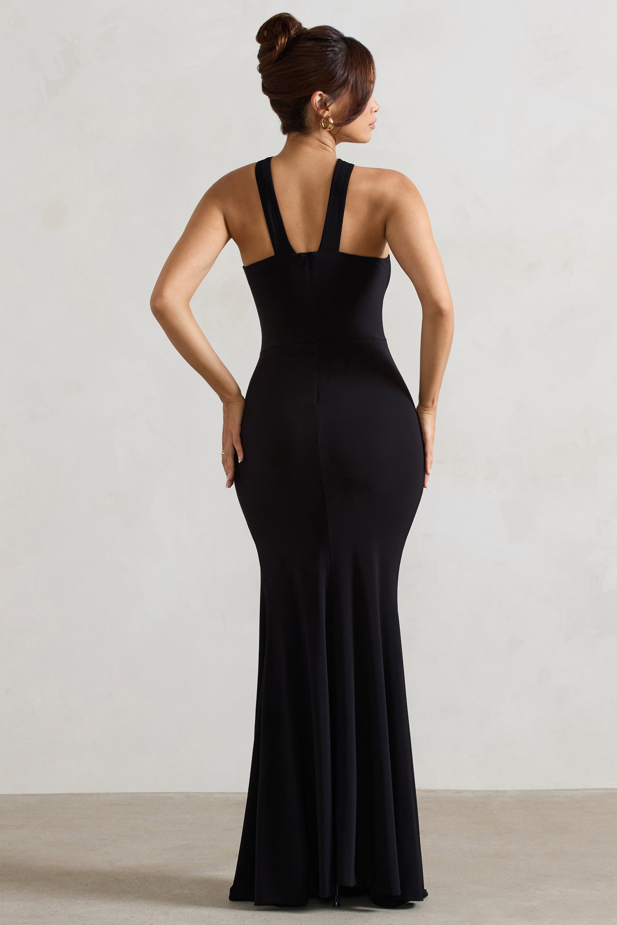 Black Cross Over Halter-Neck Split Maxi Dress