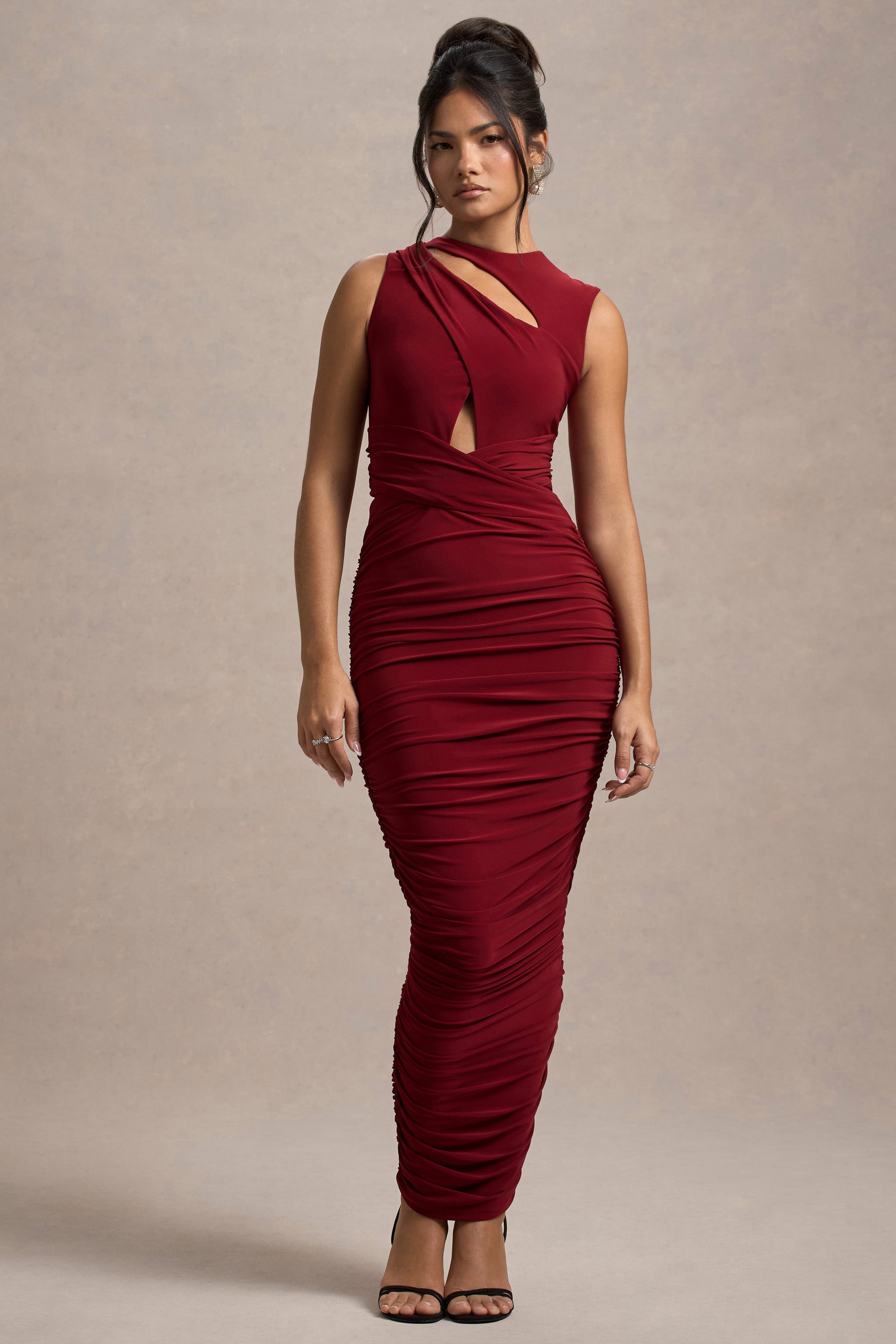 Wine Cut-Out Ruched Maxi Dress
