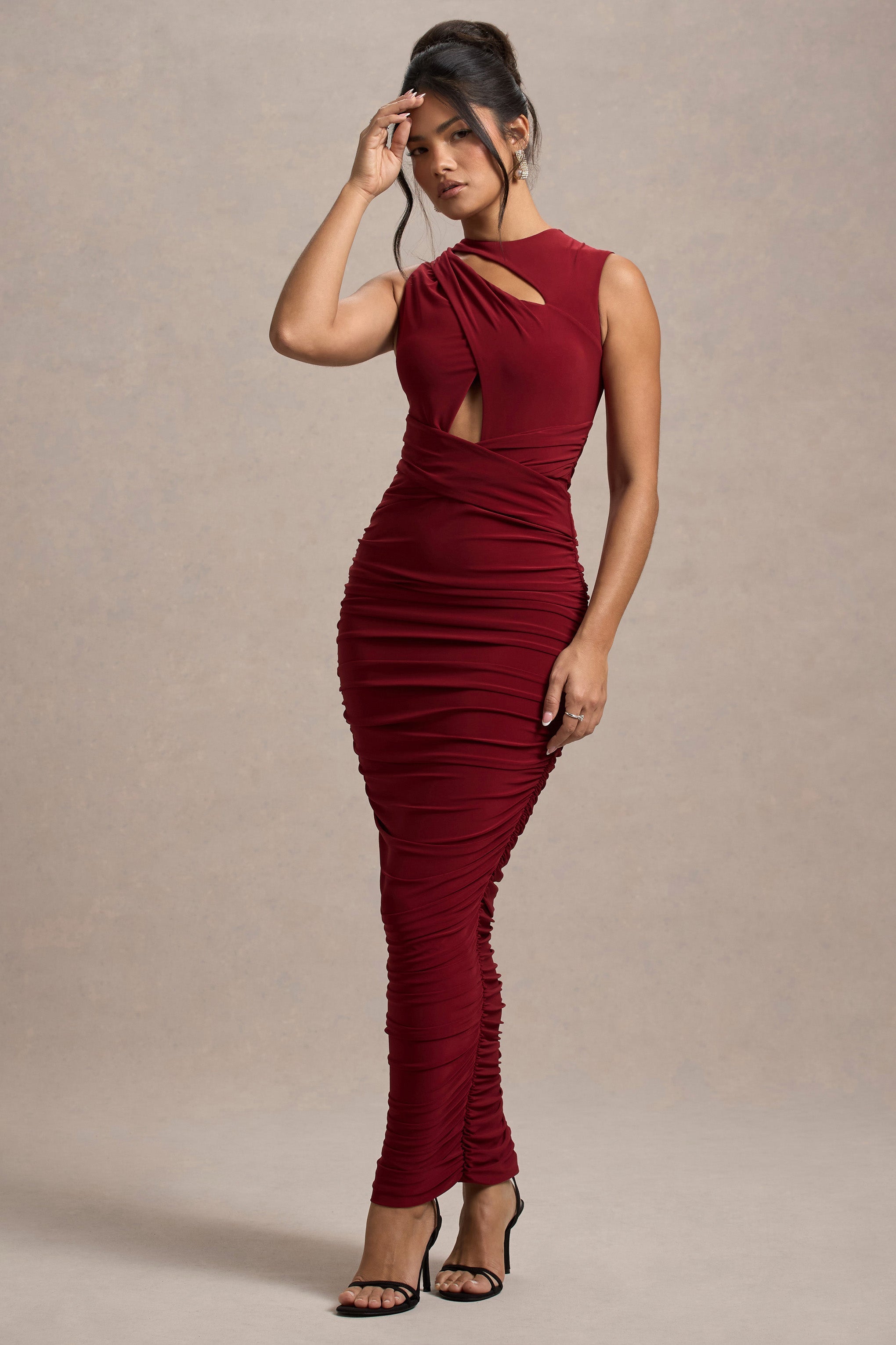 Wine Cut-Out Ruched Maxi Dress