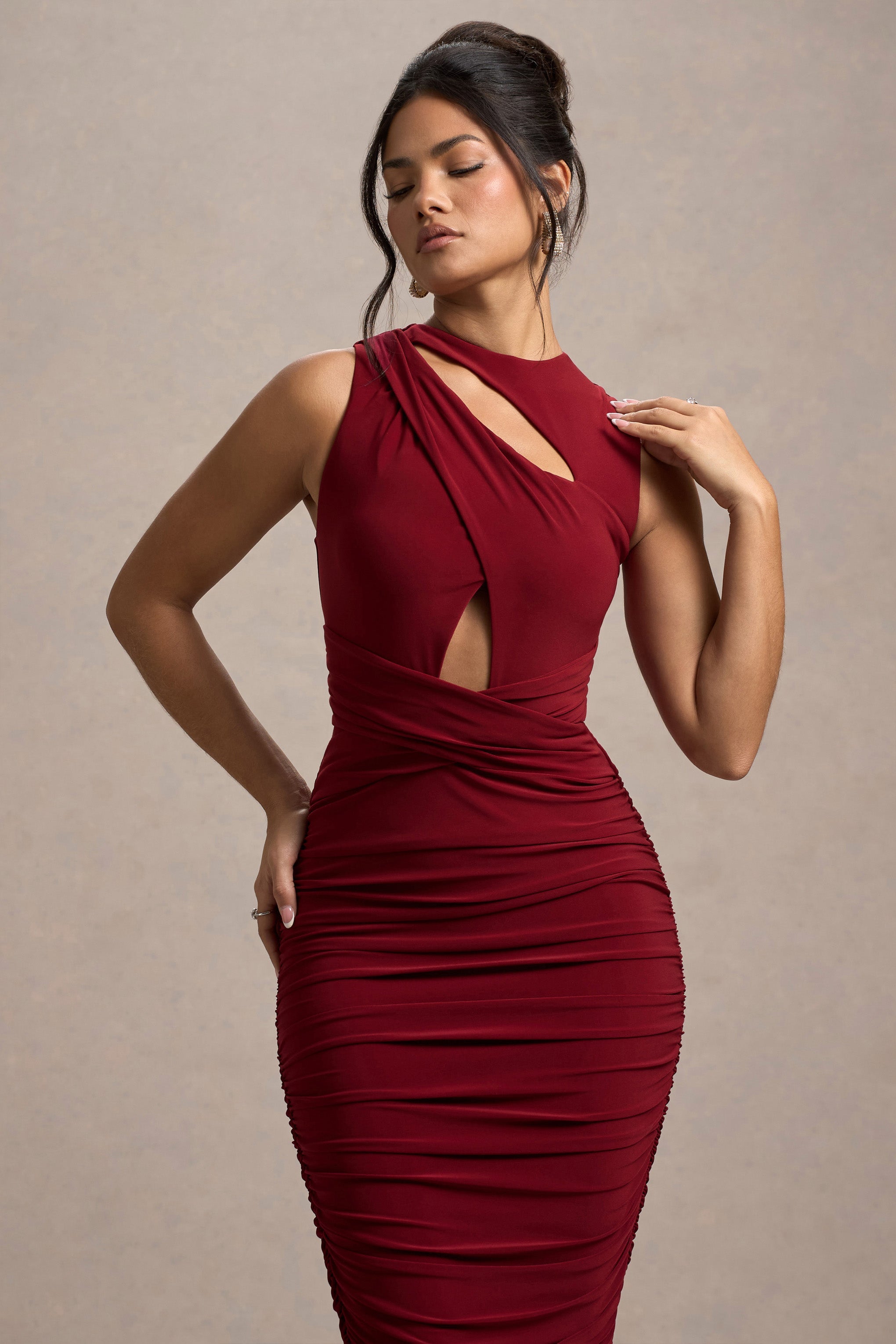 Wine Cut-Out Ruched Maxi Dress