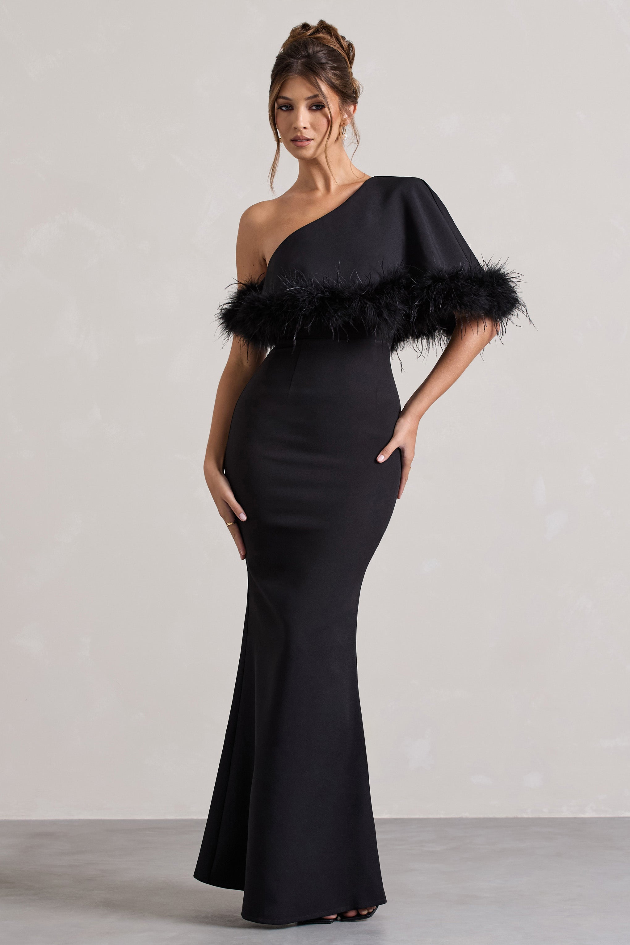 Black Asymmetric Maxi Dress With Feather Trim